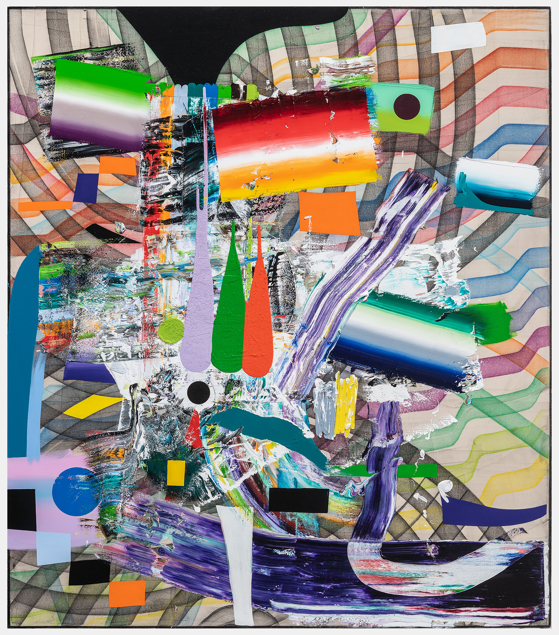 Abstract mixed-media composition on canvas featuring bold geometric shapes and vibrant color gradients—including neon green, hot pink, deep blue, and orange—layered over textured brushstrokes and painterly marks. The densely collaged surface combines smooth gradient panels with gestural paint application, set against a patterned fabric backing with plaid and striped motifs in muted earth tones.