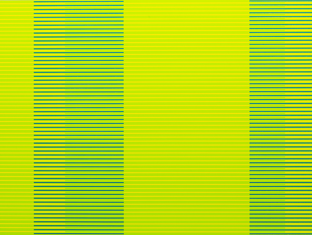 Horizontal stripes in shades of green, chartreuse, and blue-green transition gradually across the composition, creating three vertical sections with varying stripe widths and color intensities against a bright yellow-green background.