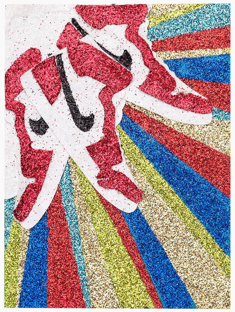 A stylized figure in red glitter with black accents appears to be dancing or leaping across a white background, set against a dynamic background of diagonal stripes in blue, yellow, red, and cyan glitter that creates a sense of movement and energy.