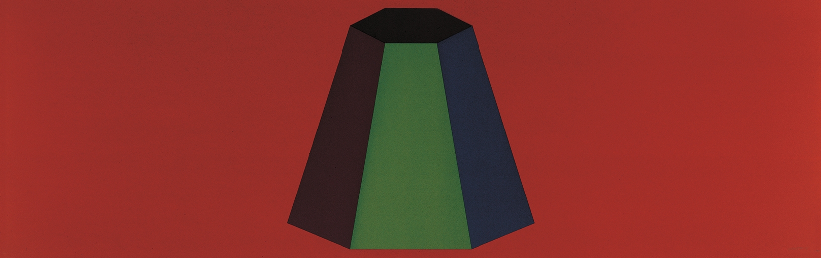 A geometric trapezoid in shades of dark red, forest green, and navy blue sits centered against a vibrant red background. The flat-topped pyramid form is rendered in bold, flat color blocks with clean edges, characteristic of minimalist art.