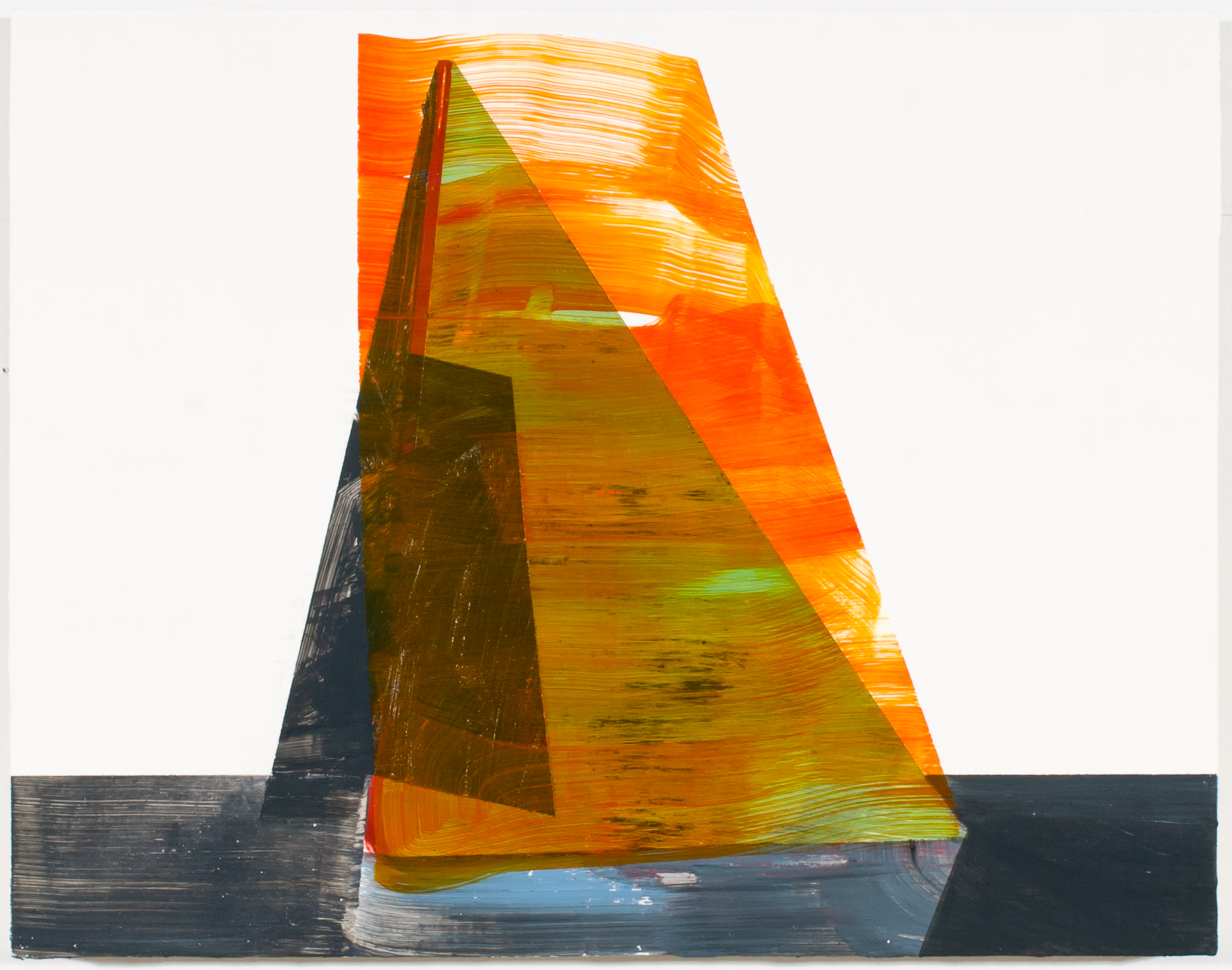 A geometric abstraction featuring a translucent cone-shaped form in vibrant oranges and yellows with lime green accents, rendered with visible brushstrokes. The figure stands against a dark navy base and pale background, creating a striking contrast between warm and cool tones.
