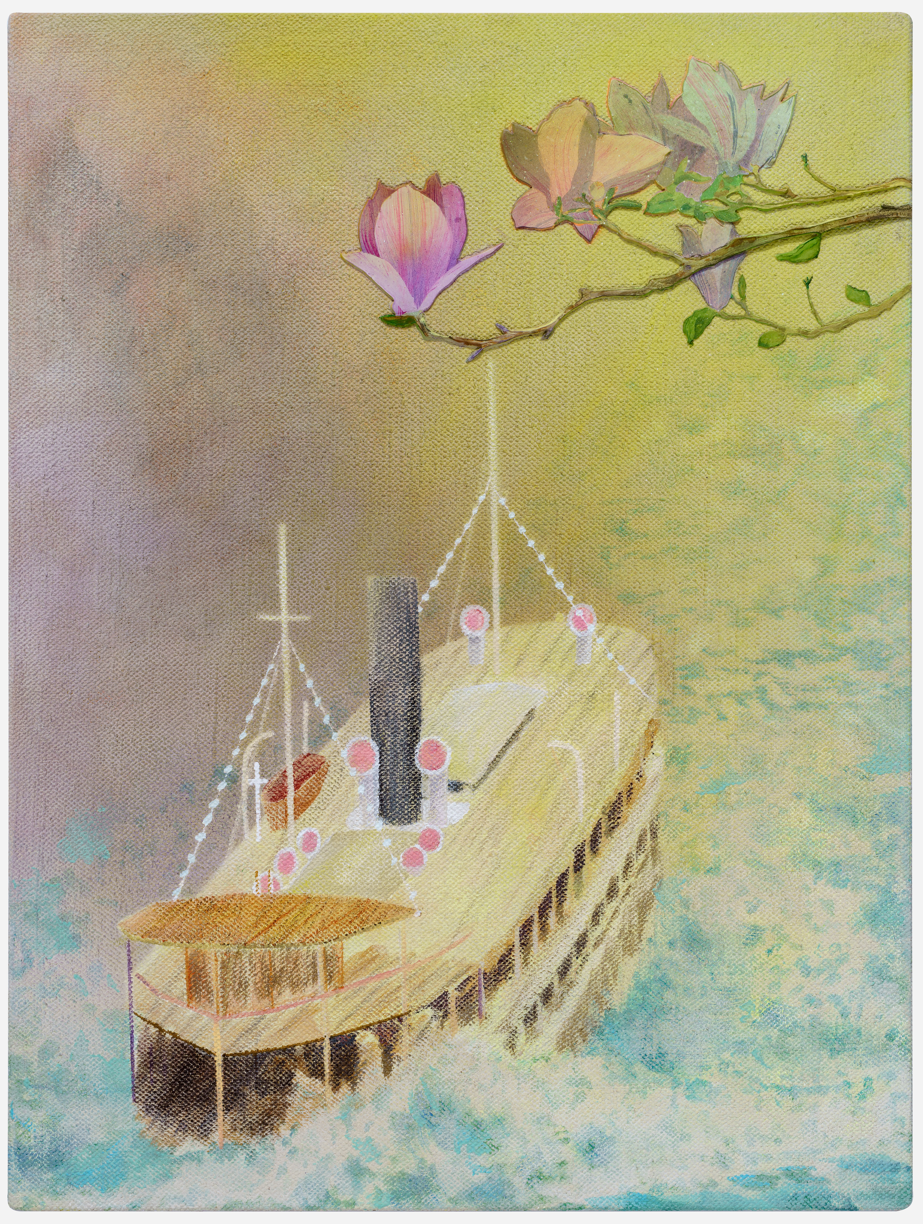 A delicate watercolor-style painting featuring magnolia blossoms suspended above an ornate wooden vessel on water. The composition blends naturalistic botanical imagery with architectural and fantastical elements, rendered in soft yellows, purples, and blues against a pale background.