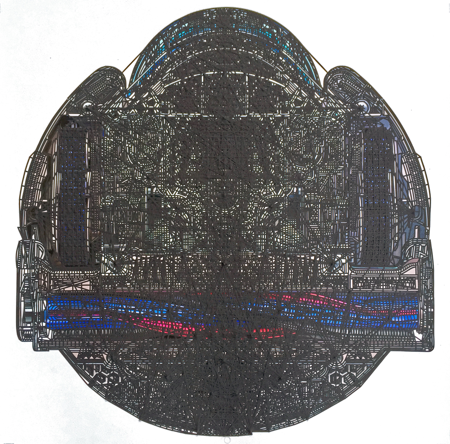 A detailed architectural cross-section of a spherical robotic vacuum rendered in black ink with blue and red tape highlighting interior mechanical components and pathways. The composition presents a symmetrical, dome-shaped structure with intricate line work throughout, revealing layers of circuitry, channels, and mechanical systems in a technical blueprint style.