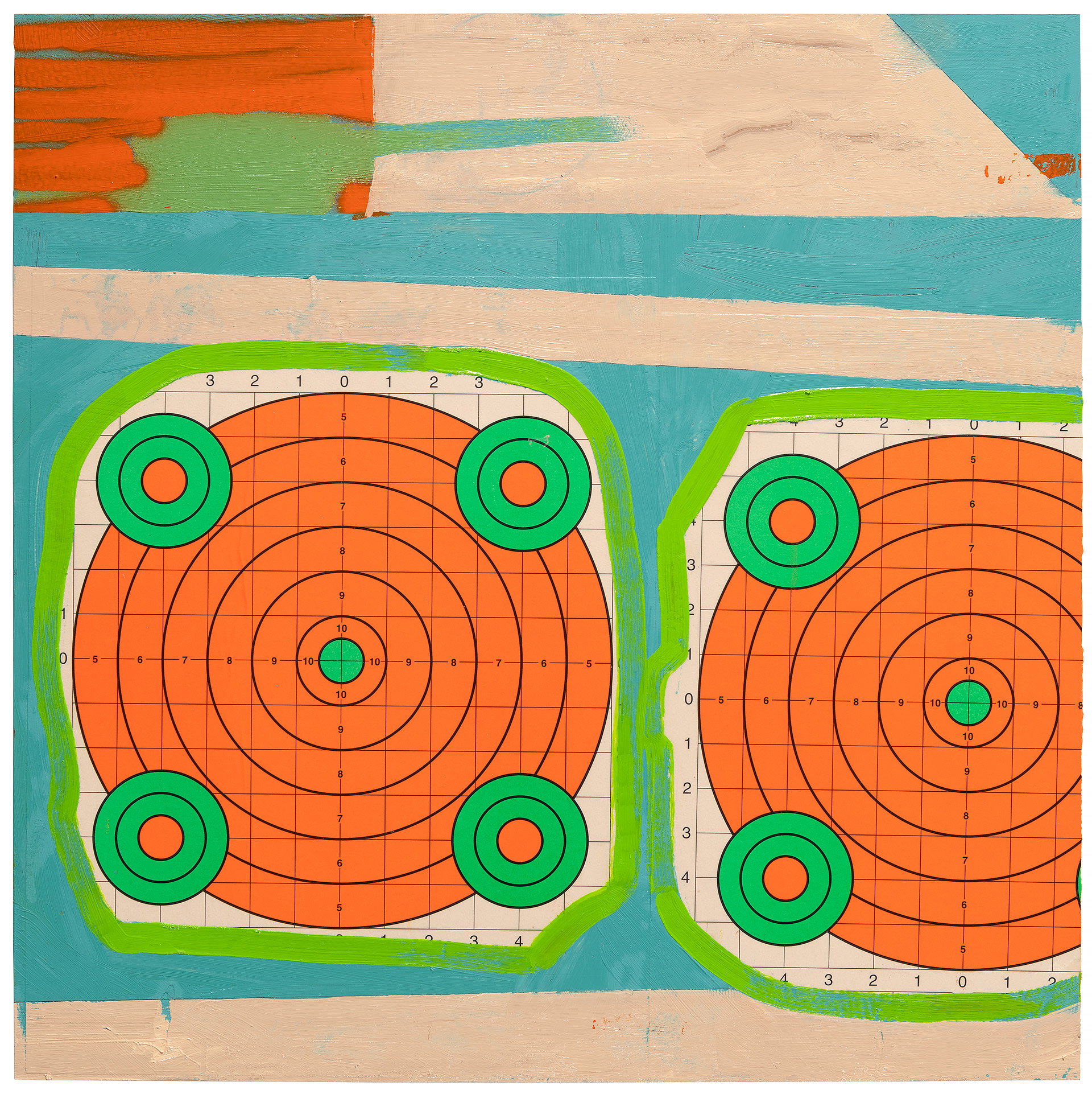 Two target-like shooting range papers with orange concentric circles and green-rimmed bullseyes are mounted on a colorful collage background of turquoise, cream, and lime green painted sections with horizontal striping, creating a stark contrast between the geometric precision of the targets and the gestural abstraction of the surrounding composition.