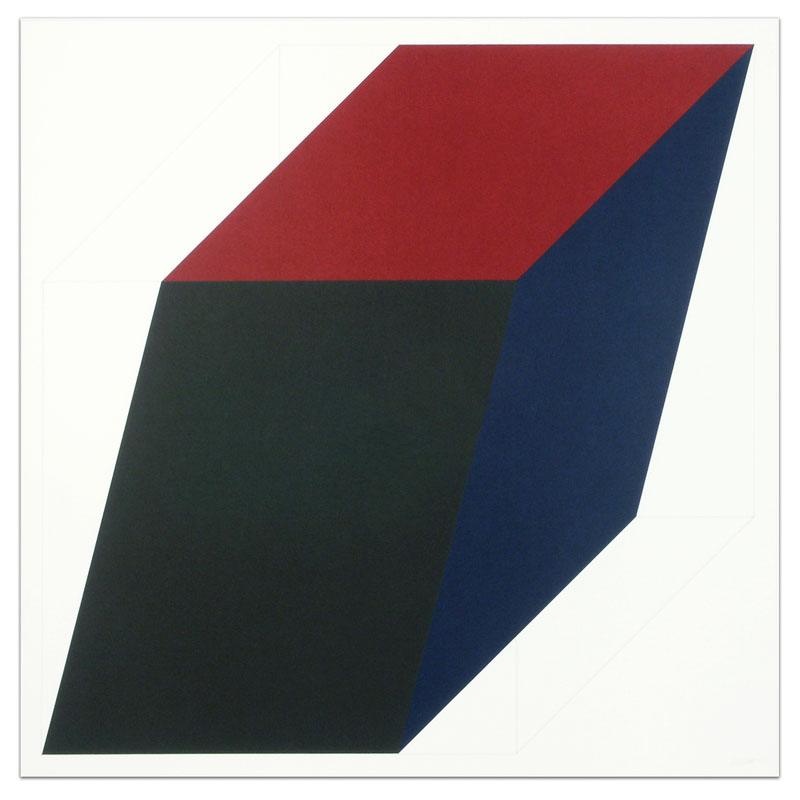 A geometric composition featuring a three-dimensional parallelogram divided into three colored planes: deep red on top, dark forest green on the lower left, and deep navy blue on the right, set against a white background.