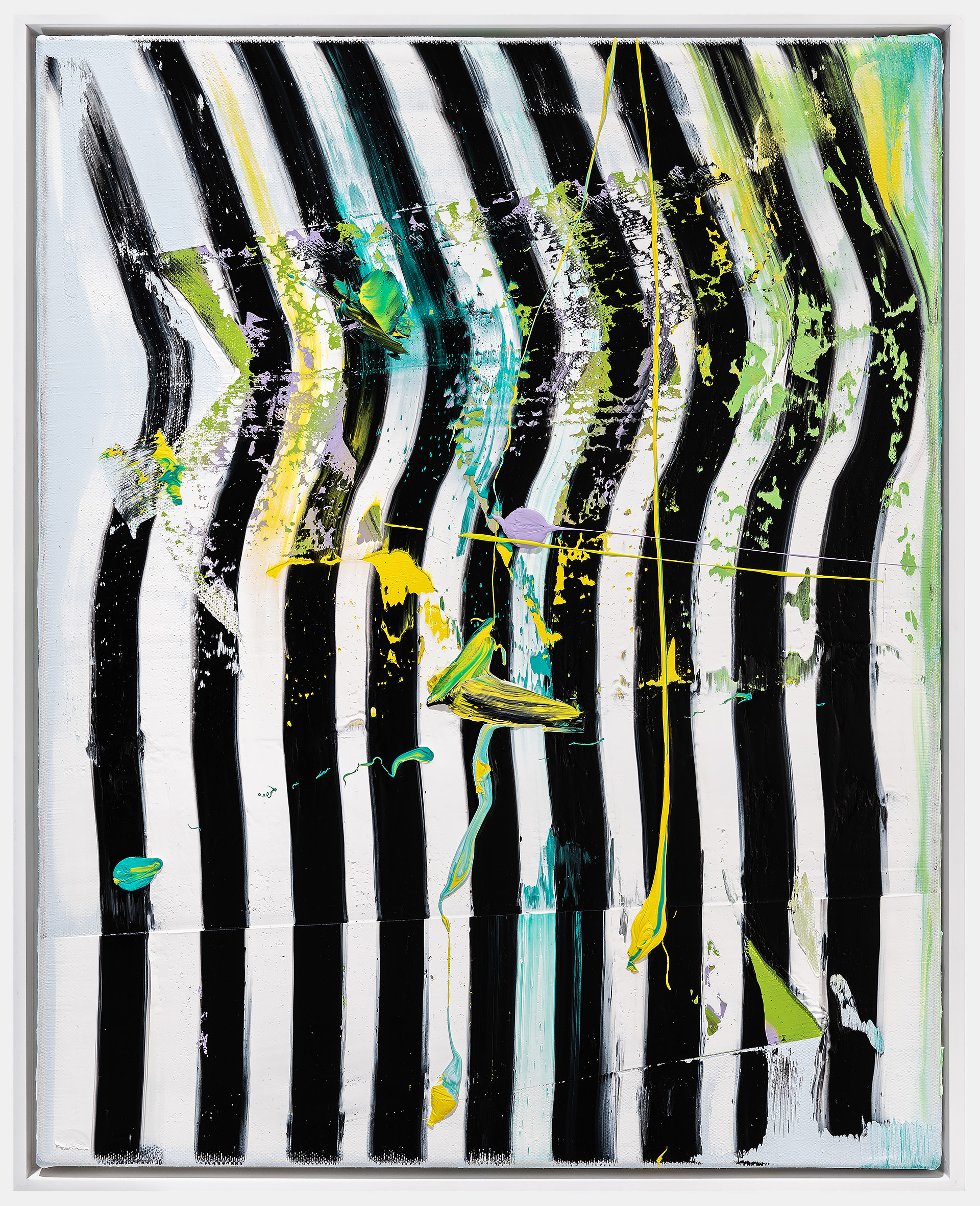 Abstract painting featuring bold black and white vertical stripes with dynamic gestural marks in vibrant lime green, bright yellow, turquoise, and purple. Layered brushstrokes and splatters create a sense of movement across the striped ground, with organic forms suggesting flowing ribbons or waves overlaid on the geometric pattern.