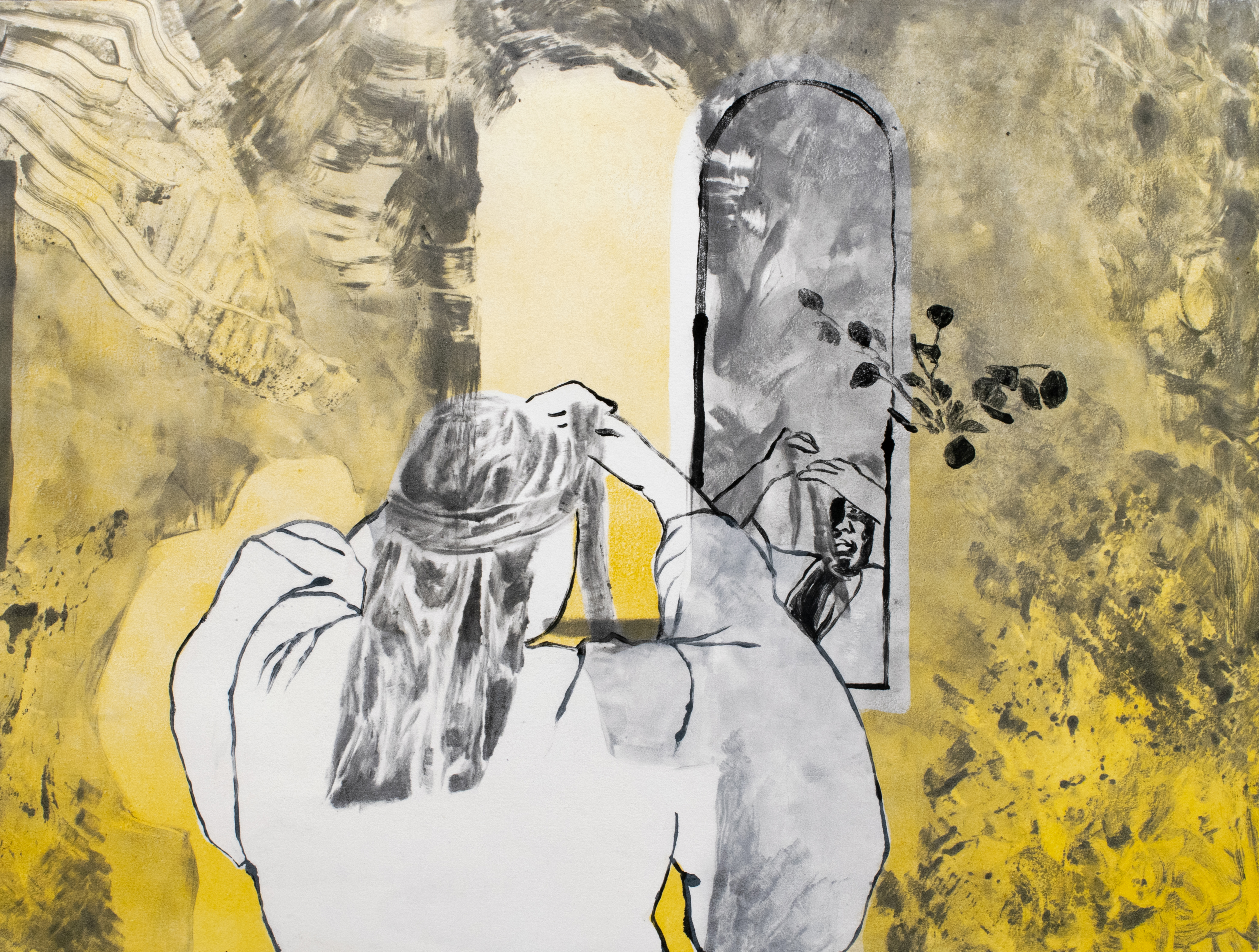 A figure with long hair viewed from behind gazes into an arched mirror, their reflection showing a face amid delicate botanical elements. The composition combines gestural charcoal and ink drawings with a luminous yellow-gold background, creating a layered, textured surface with organic marks and splattered effects throughout.