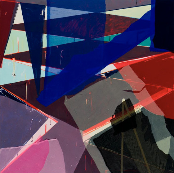 Abstract composition featuring overlapping geometric planes in vibrant colors—deep blue, red, pink, and pale yellow—with translucent and opaque layers creating depth and shadow. Angular shapes intersect across the composition, combining painted surfaces with printed elements that suggest both architectural and organic forms.