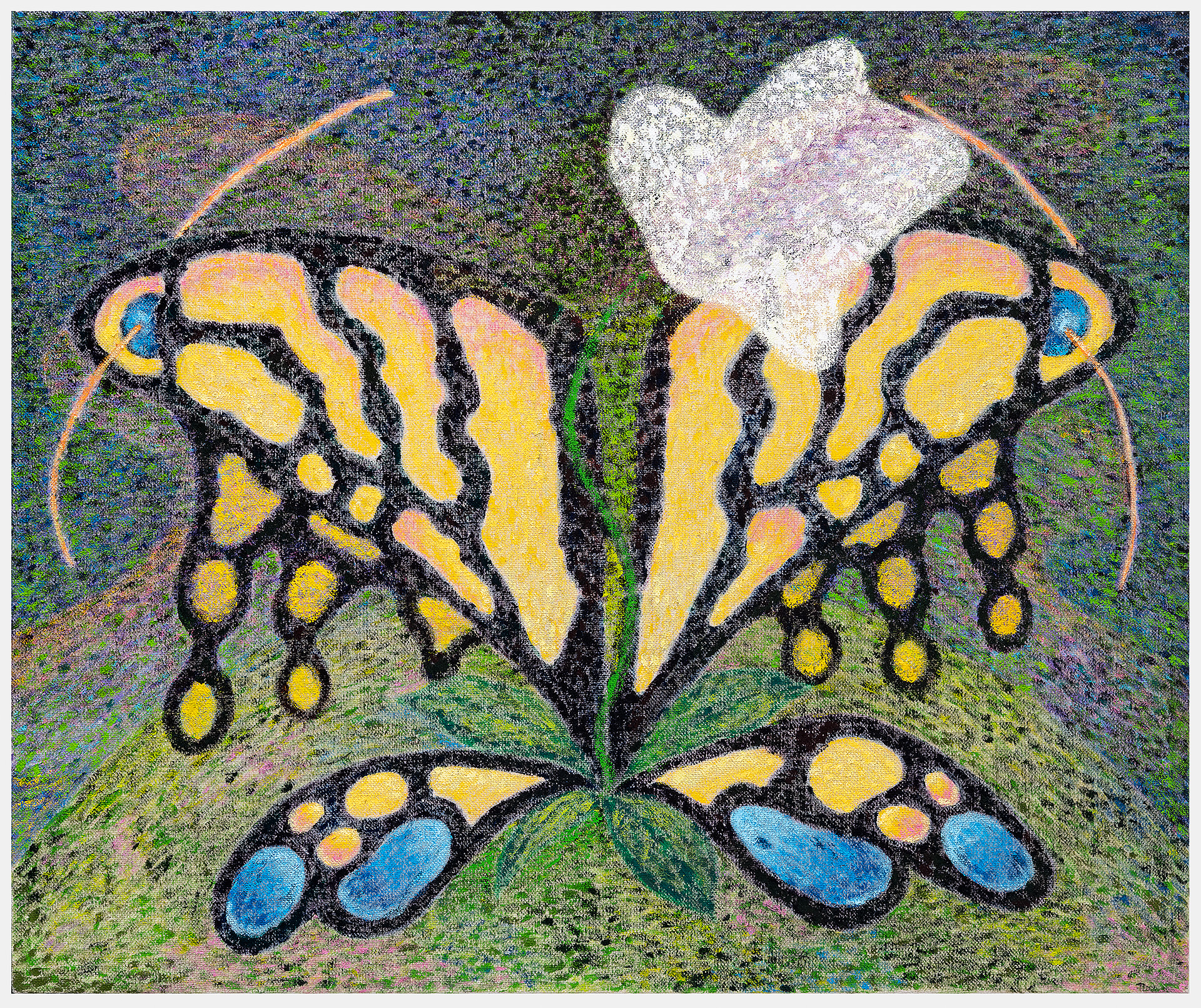A stylized butterfly rendered in bold black outlines with yellow and blue wing markings against a textured green and multicolored background. The composition features symmetrical wings with organic, flowing patterns and circular spots, topped with a white and lavender form suggesting the butterfly's head.