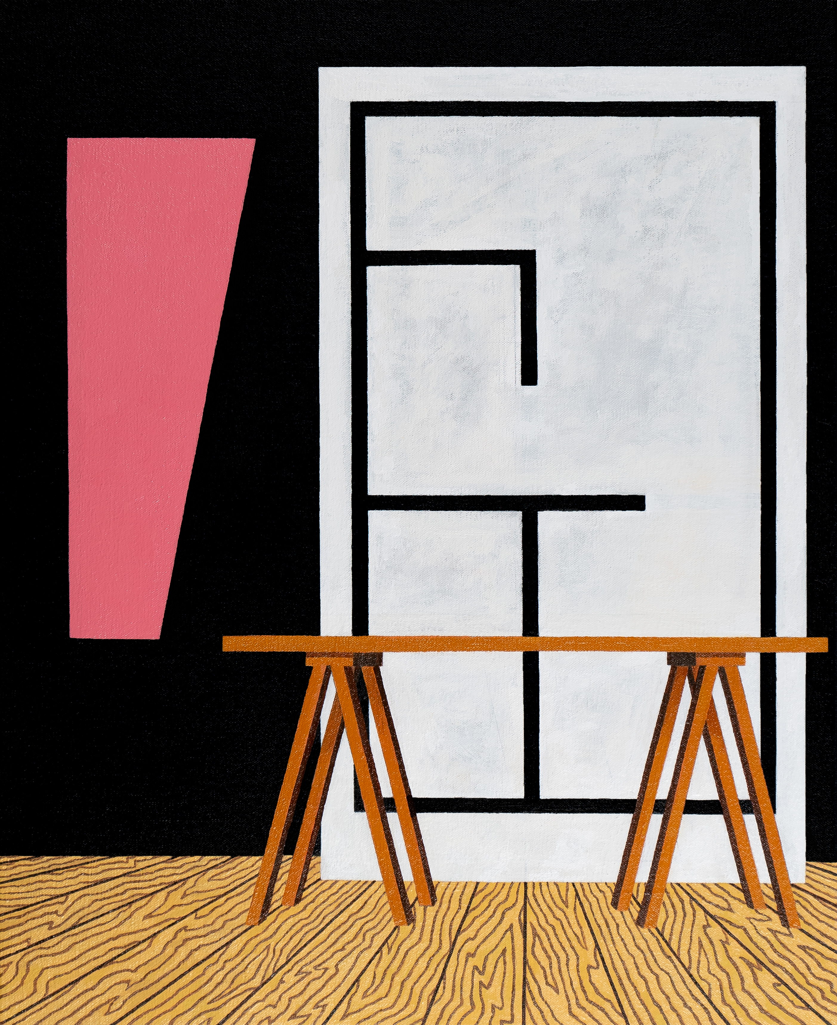 A minimalist composition featuring an architectural floor plan rendered in black lines on a white rectangular panel, supported by two wooden A-frame easels with an orange-brown beam. To the left stands a pink trapezoidal form against a black background, while a wood-grain patterned floor grounds the scene below.