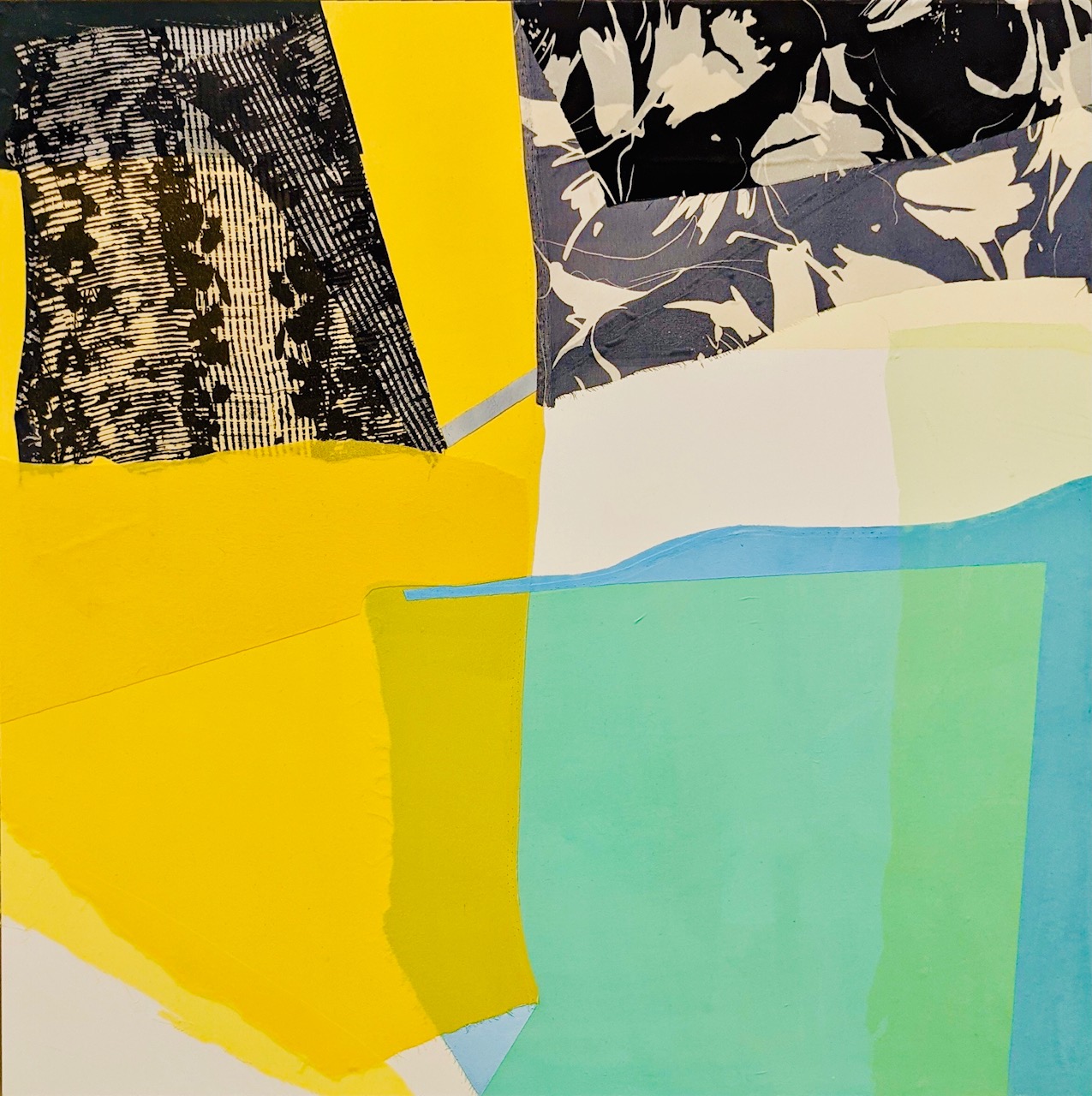 Abstract composition combining bold geometric color fields in yellow, lime green, and turquoise with collaged elements of patterned black and white fabric and textured linework in the upper portion, set against a neutral background.