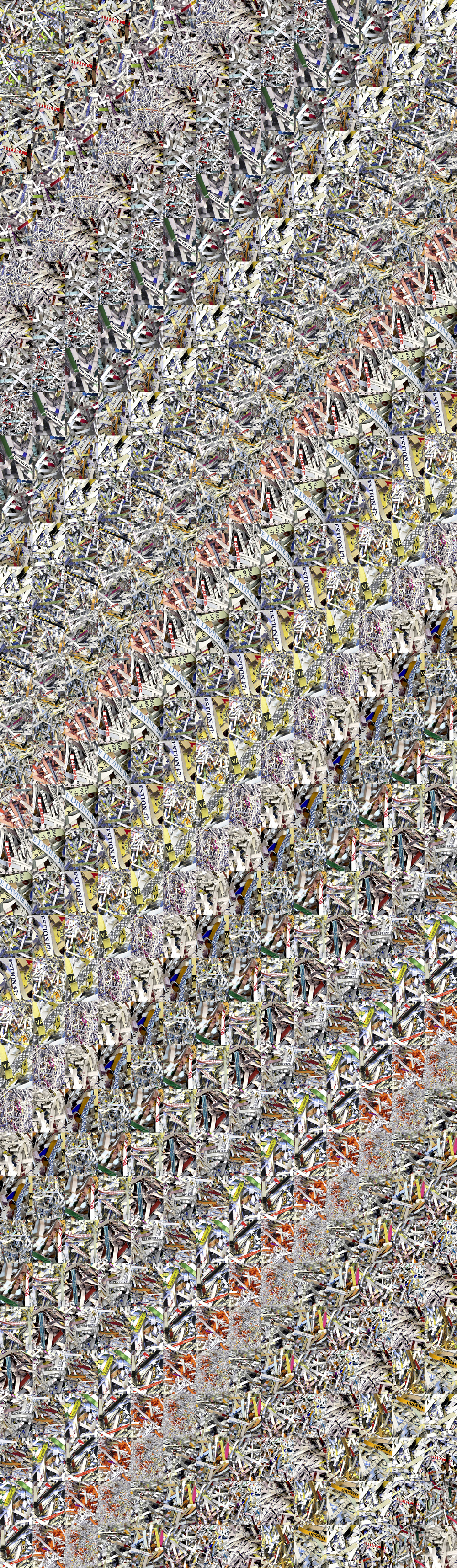 Densely layered vertical columns of intricate black-and-white line drawings and sketches, interspersed with bands of color including yellow, red, and green, creating a complex, repetitive pattern that fills the entire composition.
