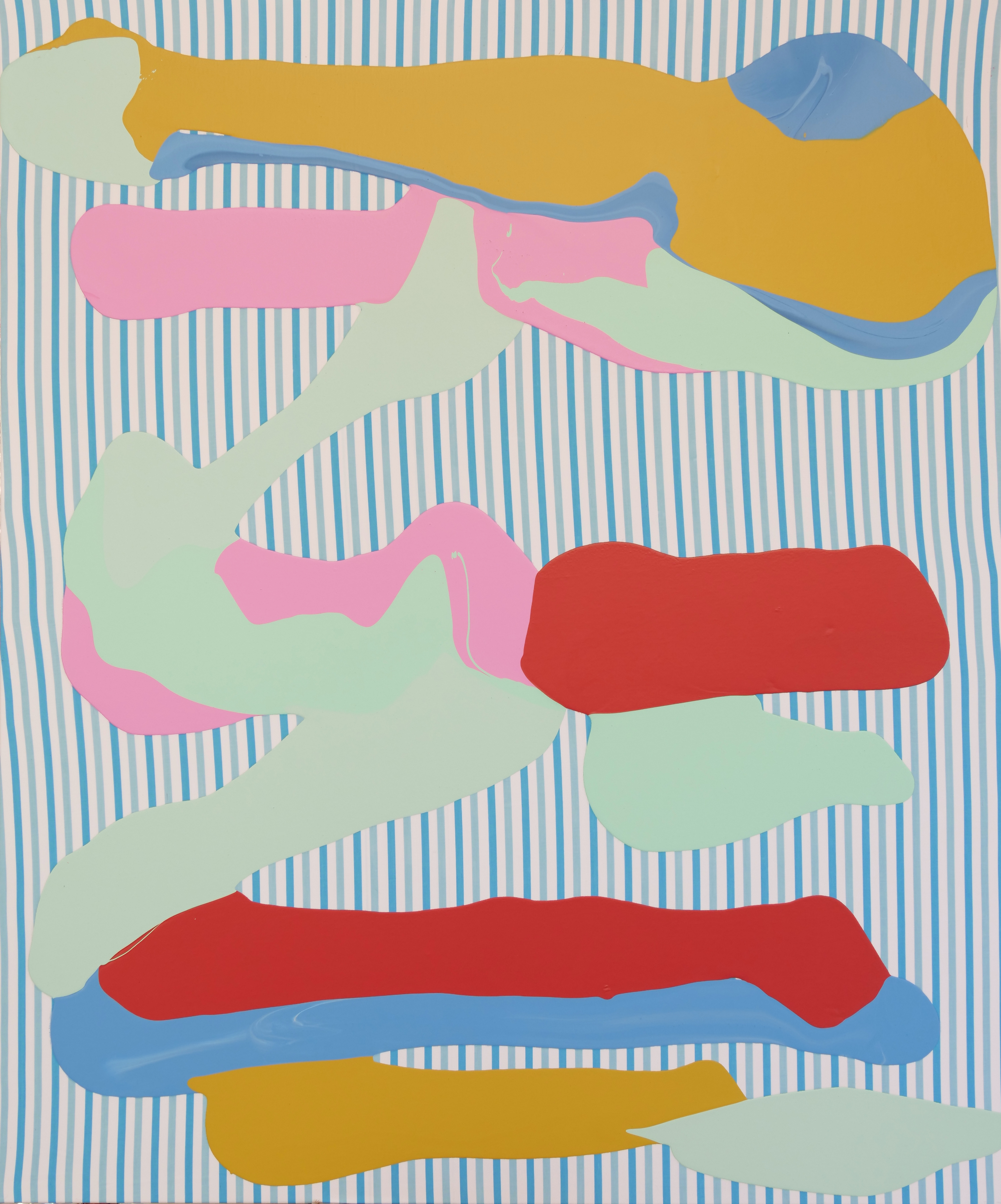 Abstract composition featuring layered organic shapes in gold, pink, red, blue, and pale green against a striped blue and white background. Flowing, curved forms overlap and interweave across the canvas in a rhythmic, non-representational arrangement.