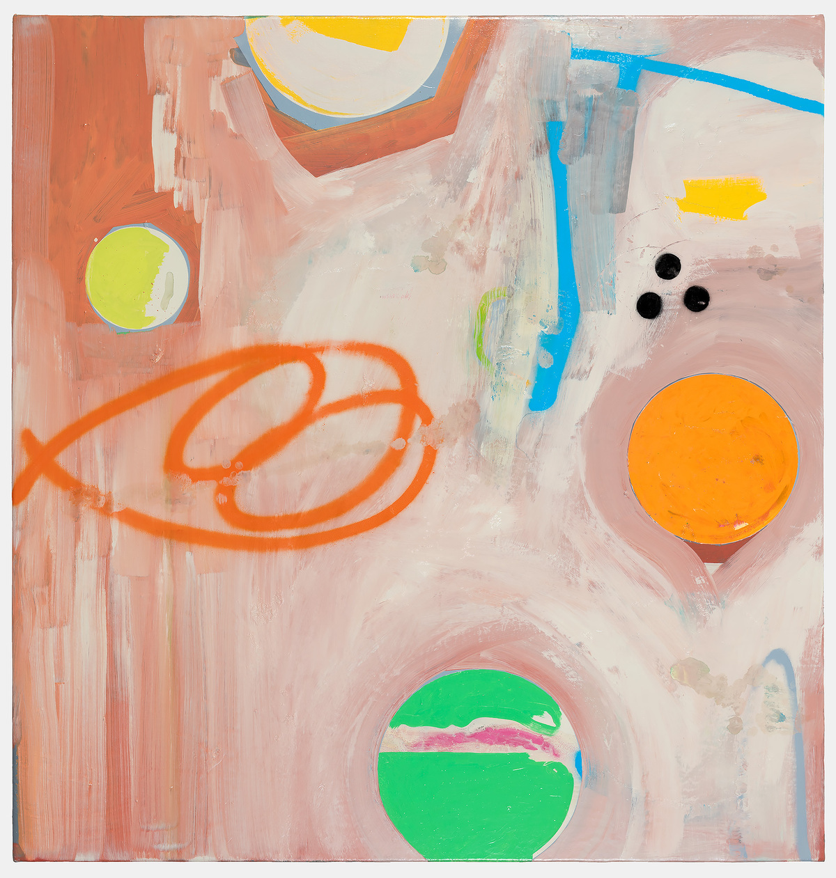 Abstract painting on canvas featuring a composition of geometric shapes and gestural marks on a predominantly pink and cream background. Vibrant colored circles in yellow, lime green, orange, and green are scattered throughout, accompanied by bold orange line drawings, bright blue linear elements, and three black dots, creating a playful, energetic arrangement across the composition.
