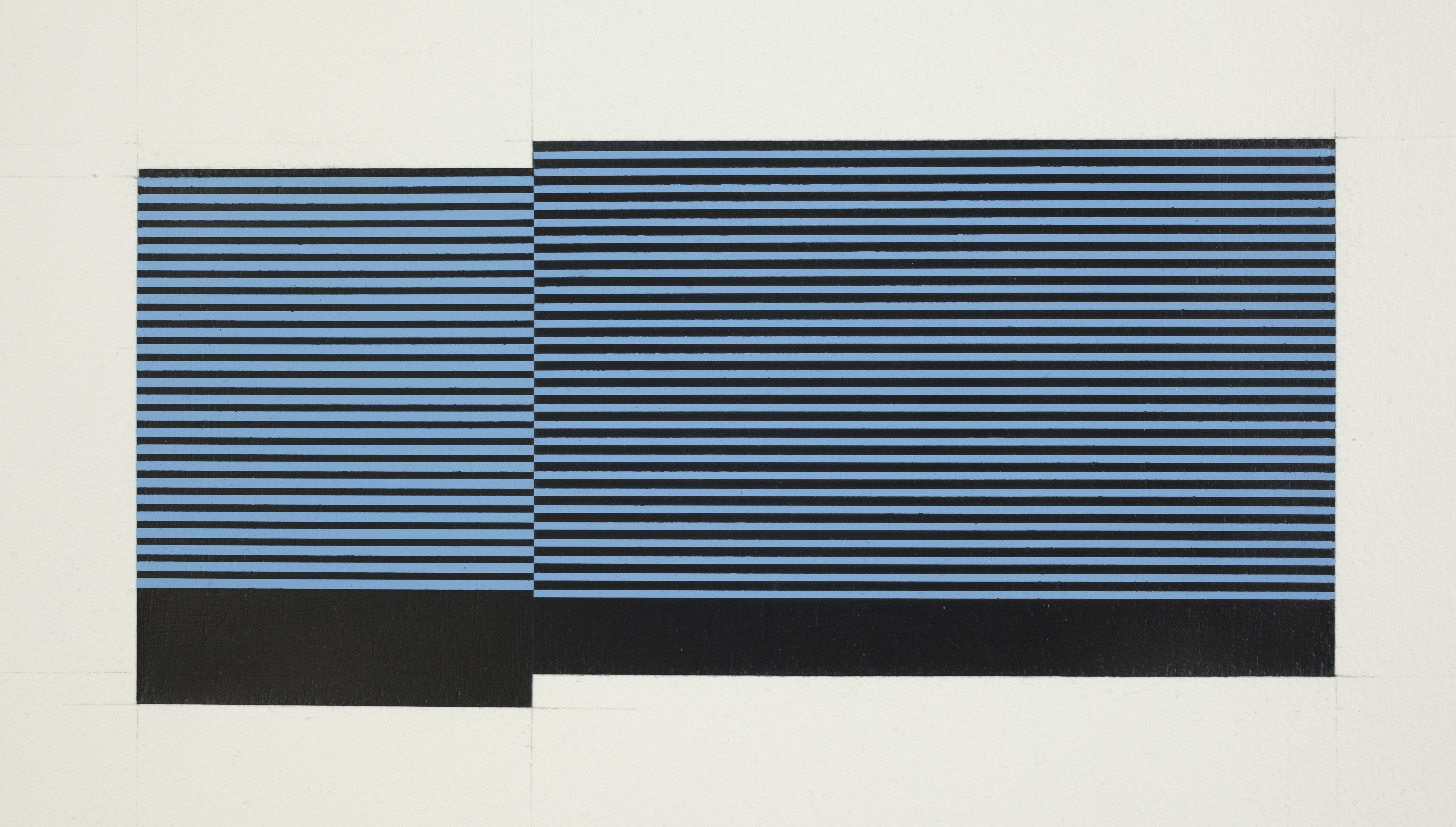 Horizontal composition of alternating thin black and light blue stripes divided into two sections, with the right section slightly wider than the left. A solid black band runs across the bottom third of the work, disrupting the striped pattern above.