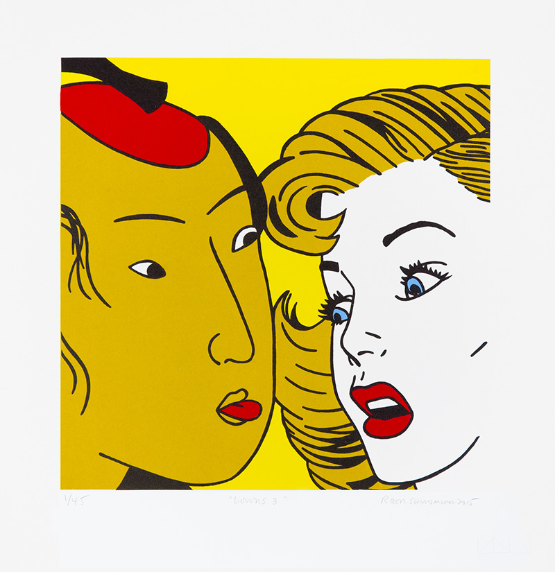 Two figures with blonde hair and bold graphic features rendered in a Pop Art style against a bright yellow background. The composition features contrasting skin tones—one face rendered in yellow, the other in white—with striking red lips, defined black line work, and blue eyes. A red shoe or curved form appears in the upper left corner, integrated into the dynamic, overlapping composition.