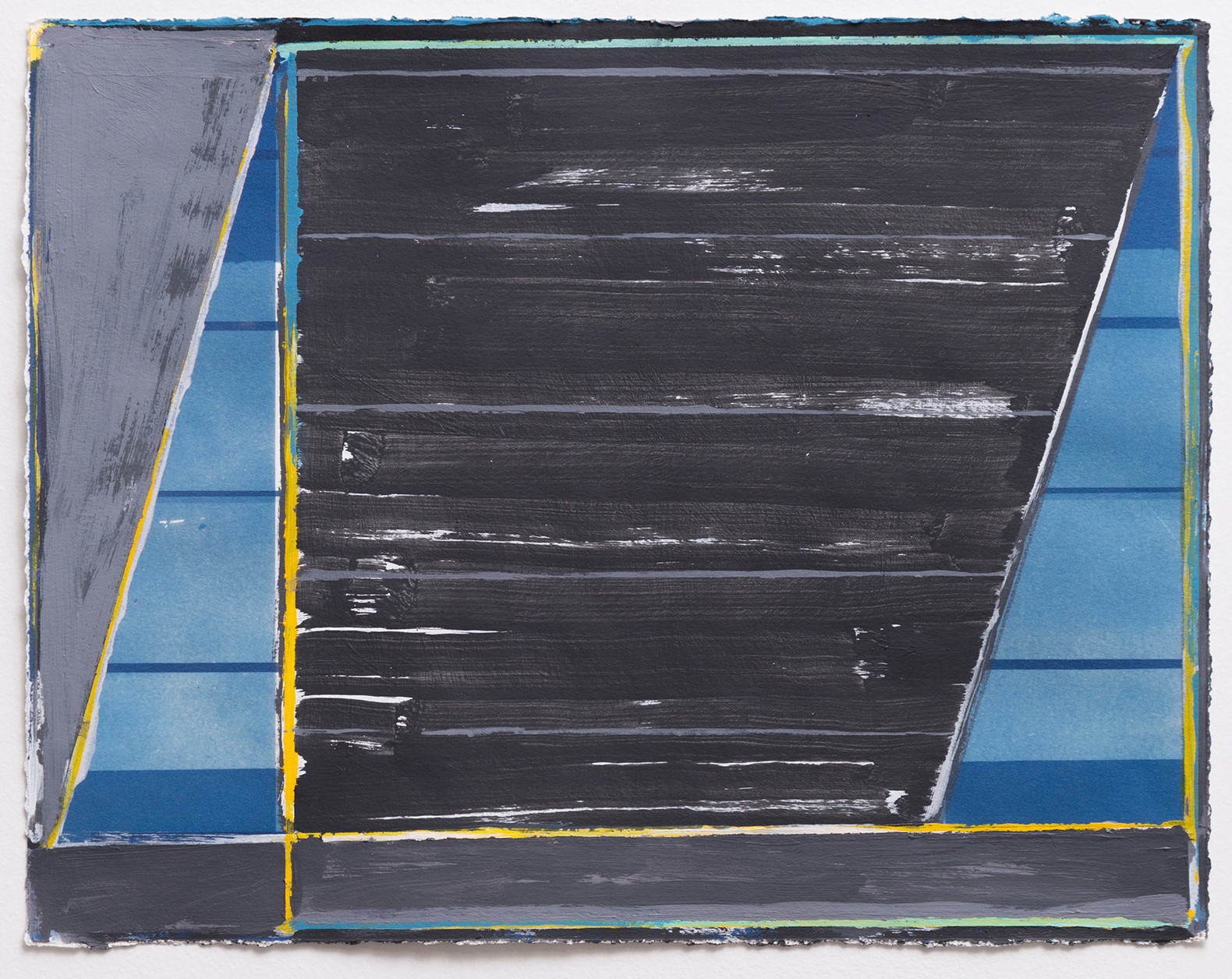 Abstract composition with a central black rectangular form featuring horizontal white brushstrokes, flanked by sections of graduated blue tones. Bright yellow and cyan lines frame the composition against a gray border, creating a geometric interplay of color and form.