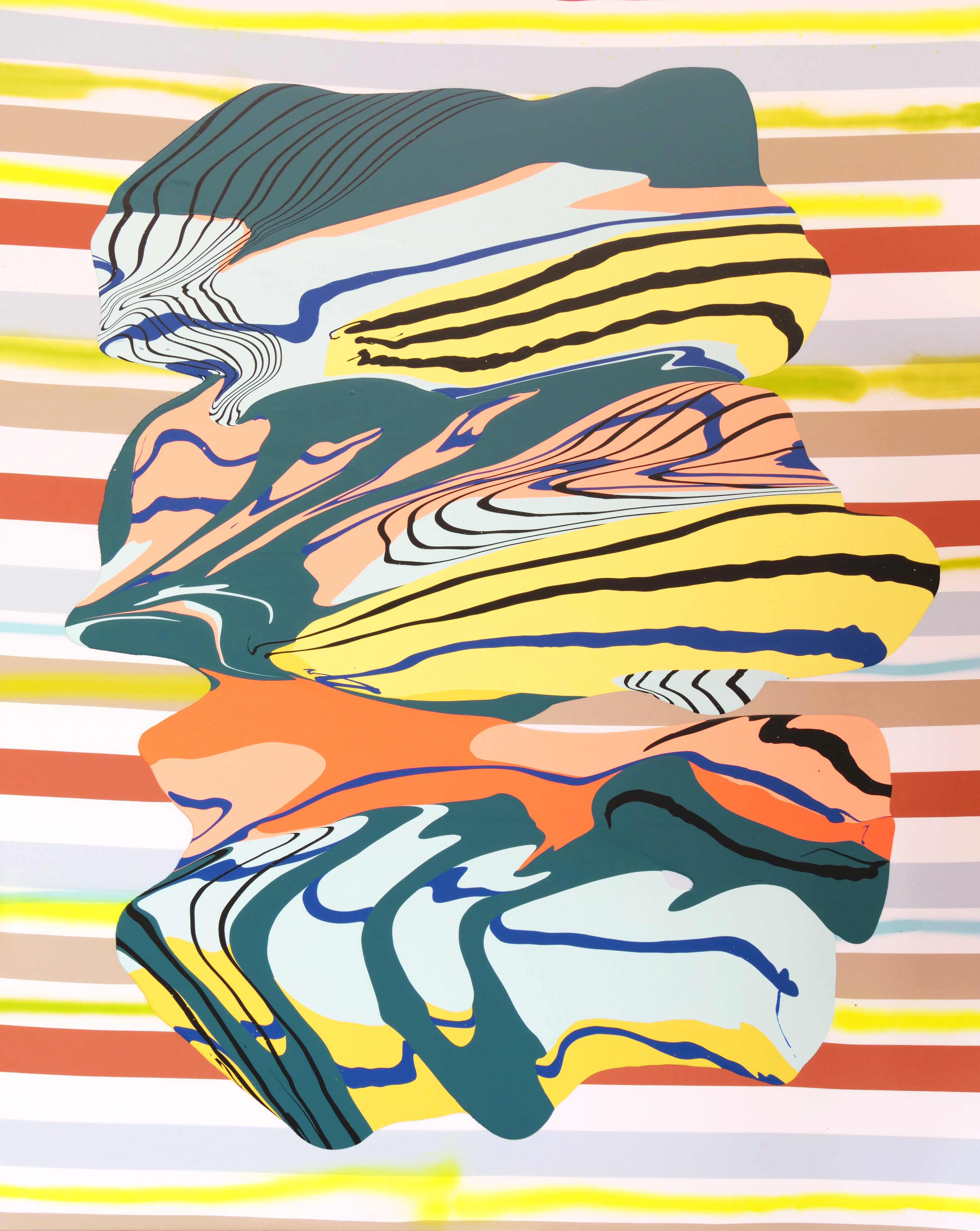 Abstract composition featuring stacked, organic shapes in teal, yellow, orange, and cream with black linear details, set against a striped background of horizontal bands in complementary colors. Fluid, layered forms suggest movement and depth through bold color blocking and gestural line work.