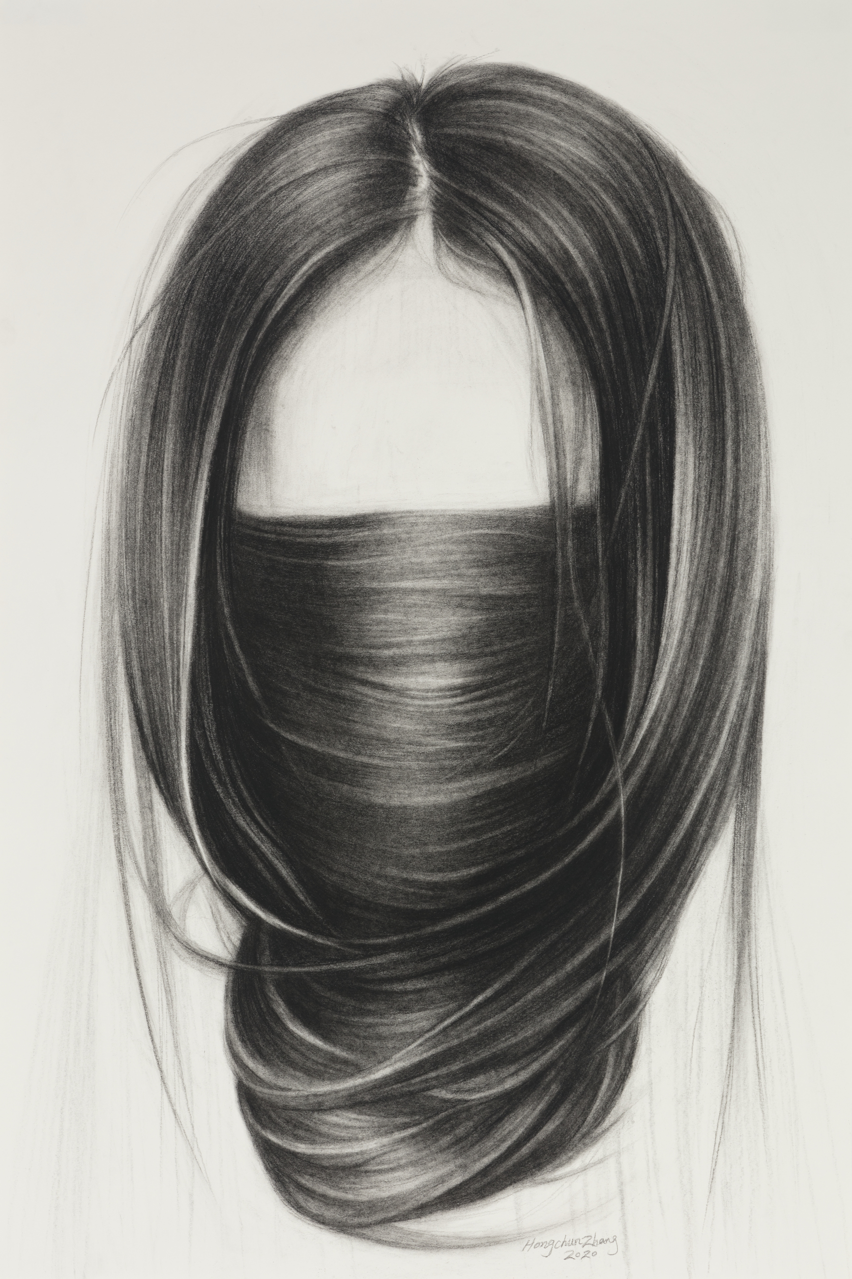 A graphite charcoal drawing of long dark hair rendered with careful attention to light and shadow, depicting strands swept across the face and shoulders against a pale background. The work emphasizes texture and volume through layered tonal values.