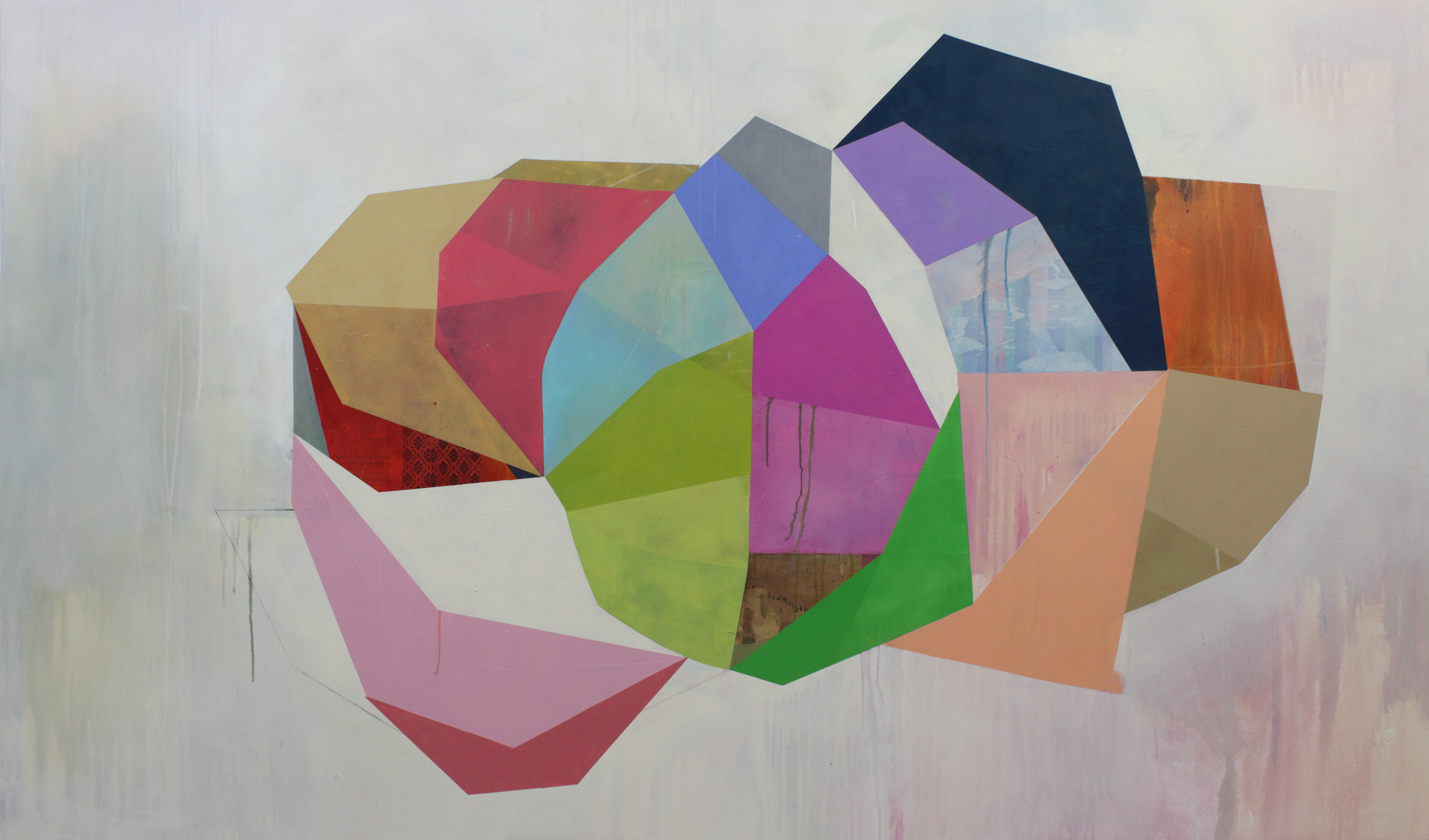 Abstract geometric composition featuring overlapping polygonal forms in vibrant colors including pink, lime green, blue, purple, orange, and yellow, layered with translucent and opaque planes that create a three-dimensional effect against a muted neutral background.