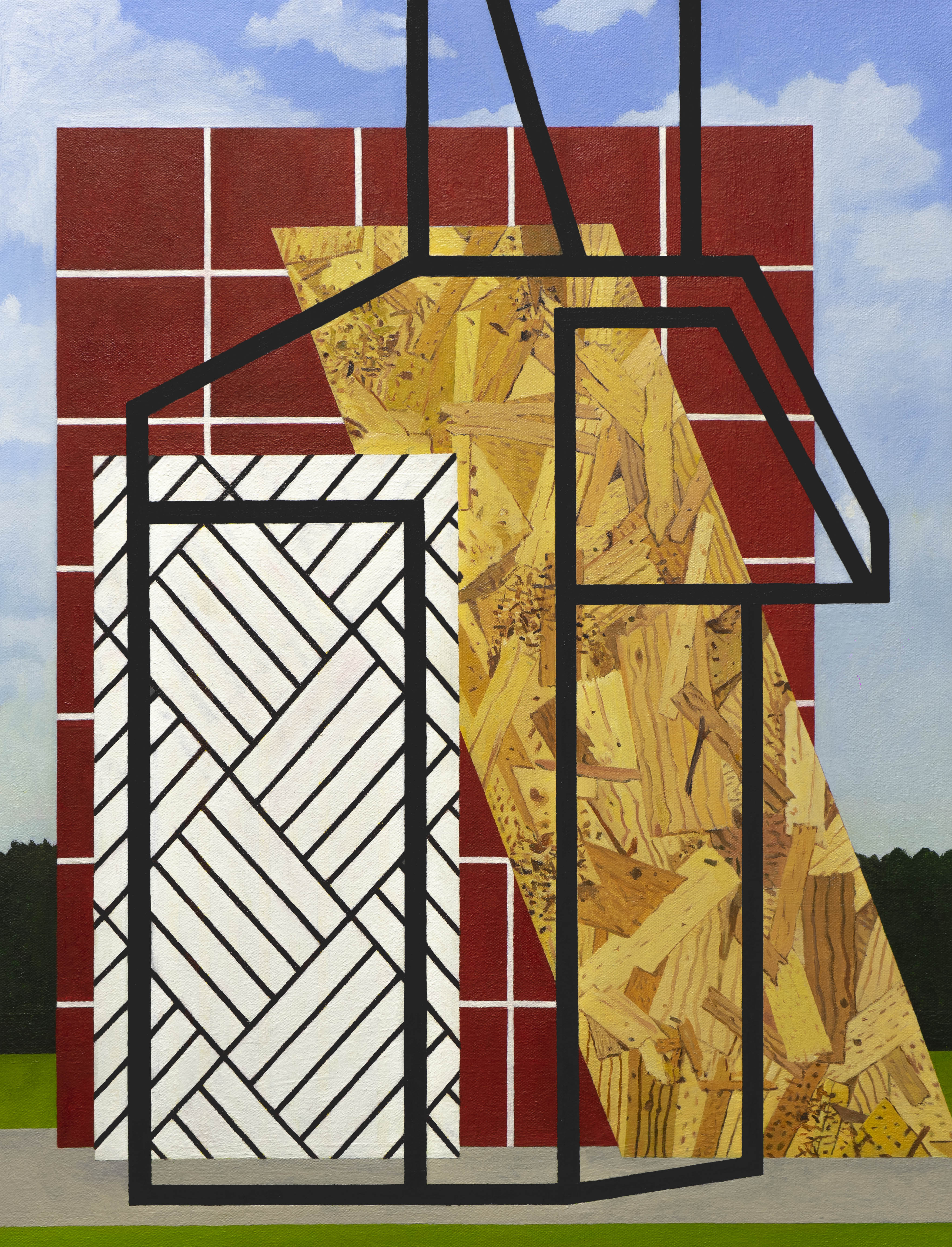 A geometric architectural composition depicting a deconstructed building facade. A red brick wall with white mortar lines forms the background, overlaid with black linear framework suggesting structural elements. In the foreground, a white panel with diagonal crosshatching sits beside yellow OSB plywood sections, creating a layered, collage-like structure against a sky and landscape backdrop.