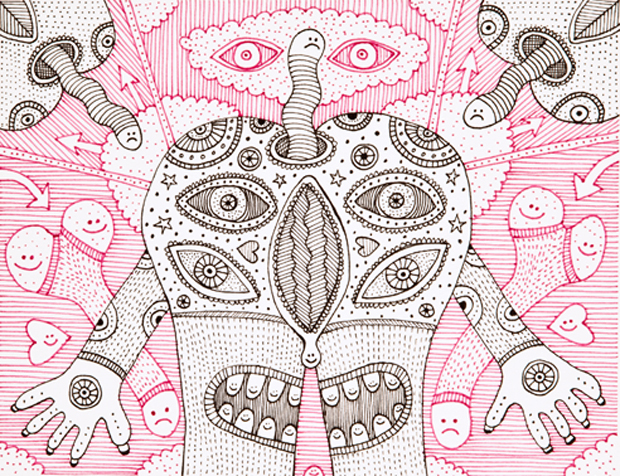 Intricate black ink drawing on white paper with pink accents, featuring a symmetrical skull-like face with elaborate decorative patterns, multiple eyes, and ornamental details. Surrounding the central figure are whimsical elements including smiling faces, hands, and radiating lines in a psychedelic, surrealist style.