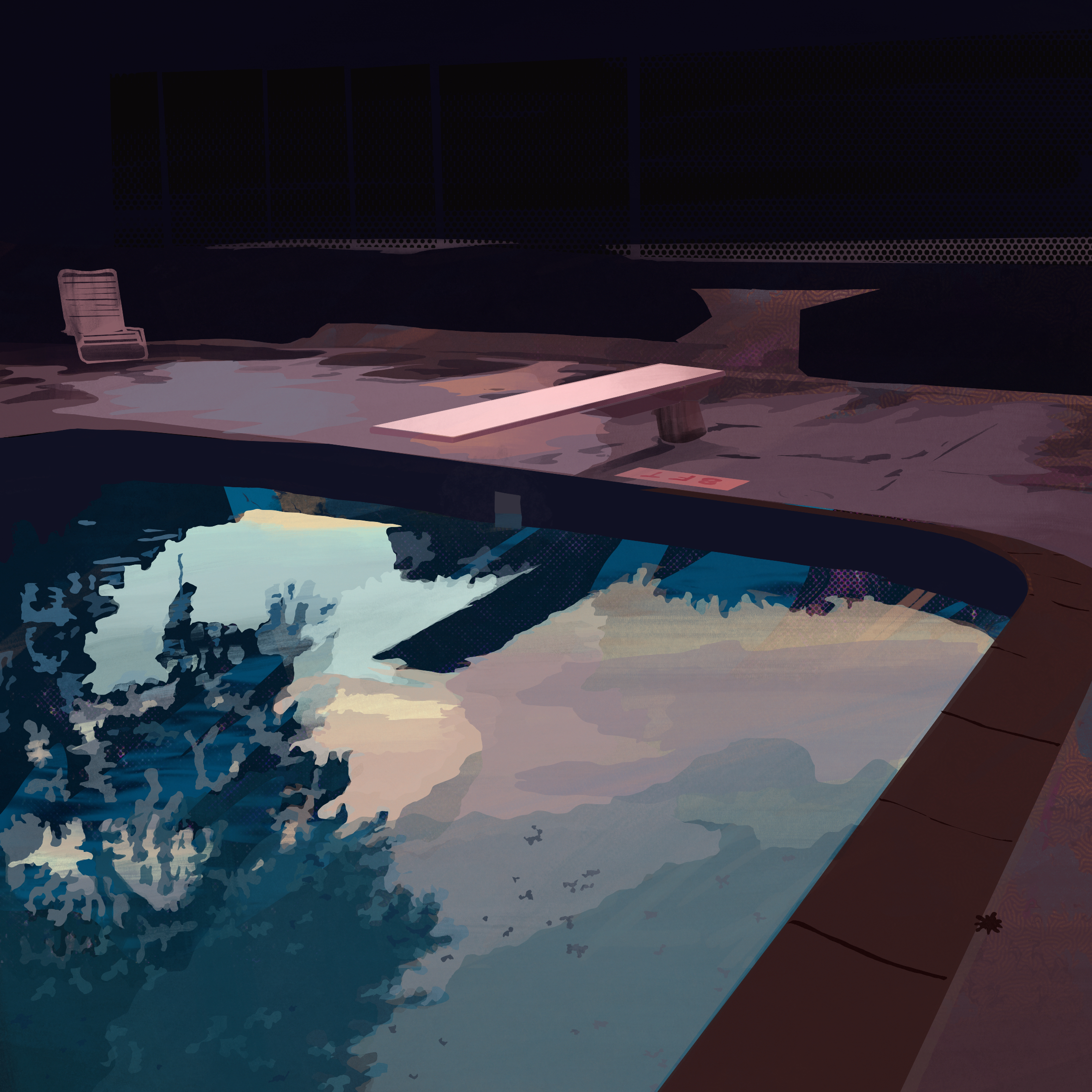 A stylized architectural rendering depicting an elevated terrace overlooking a large map display in cool blues and earth tones. The barren platform features minimalist furnishings including a single chair and bench, while the map below shows geographical features in layered shades of teal, cream, and muted pastels against deep shadows and dramatic lighting.
