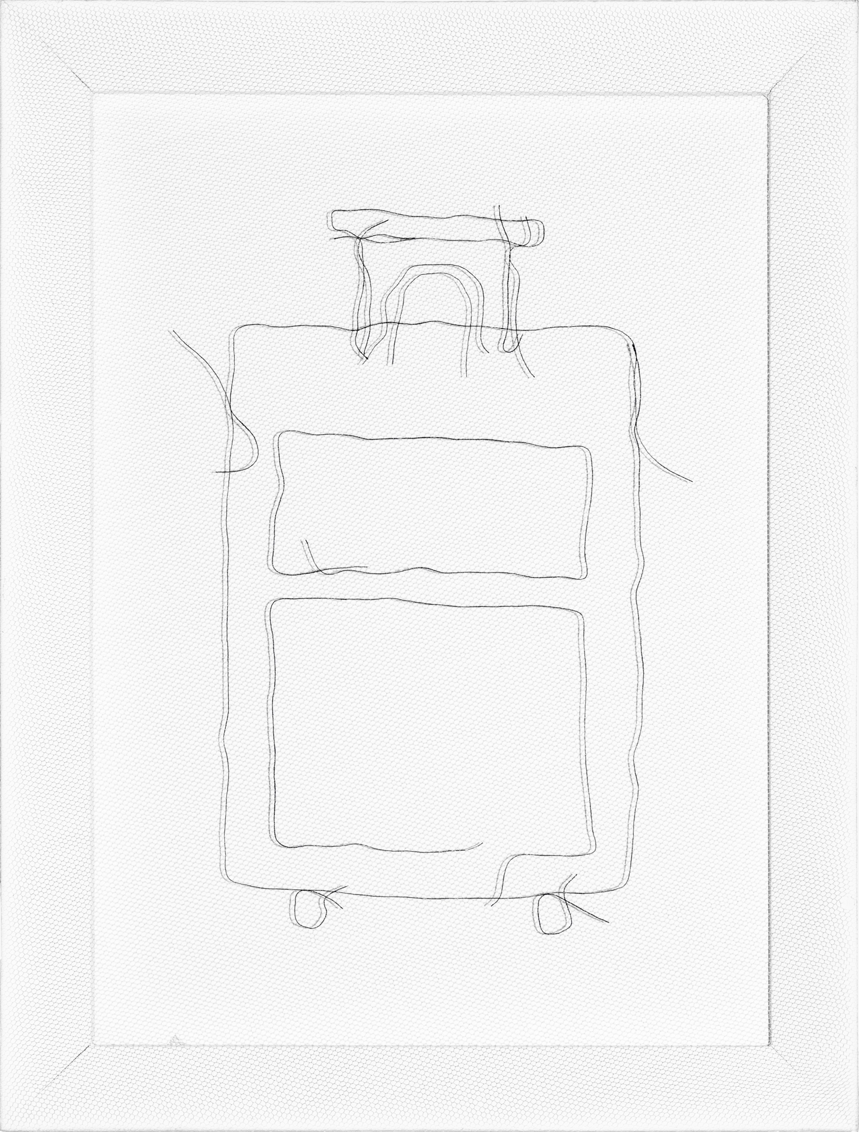 Hand-drawn line sketch on translucent fabric depicting a rectangular suitcase with a handle at the top and wheels at the bottom, rendered in dark thread with loose, gestural linework against a white ground.