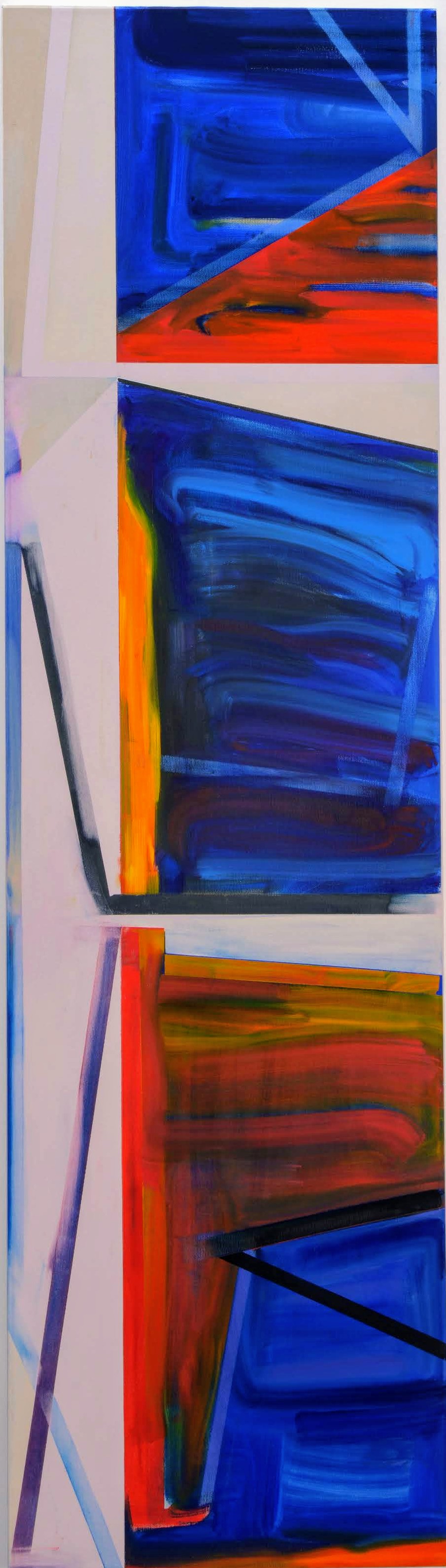 Vertical abstract composition featuring three stacked rectangular panels with bold geometric forms. Vivid blues and oranges dominate, with sweeping brushstrokes and dynamic angular shapes creating a sense of depth and movement. Pale beige and white negative space frames each section, emphasizing the vibrant color fields within.