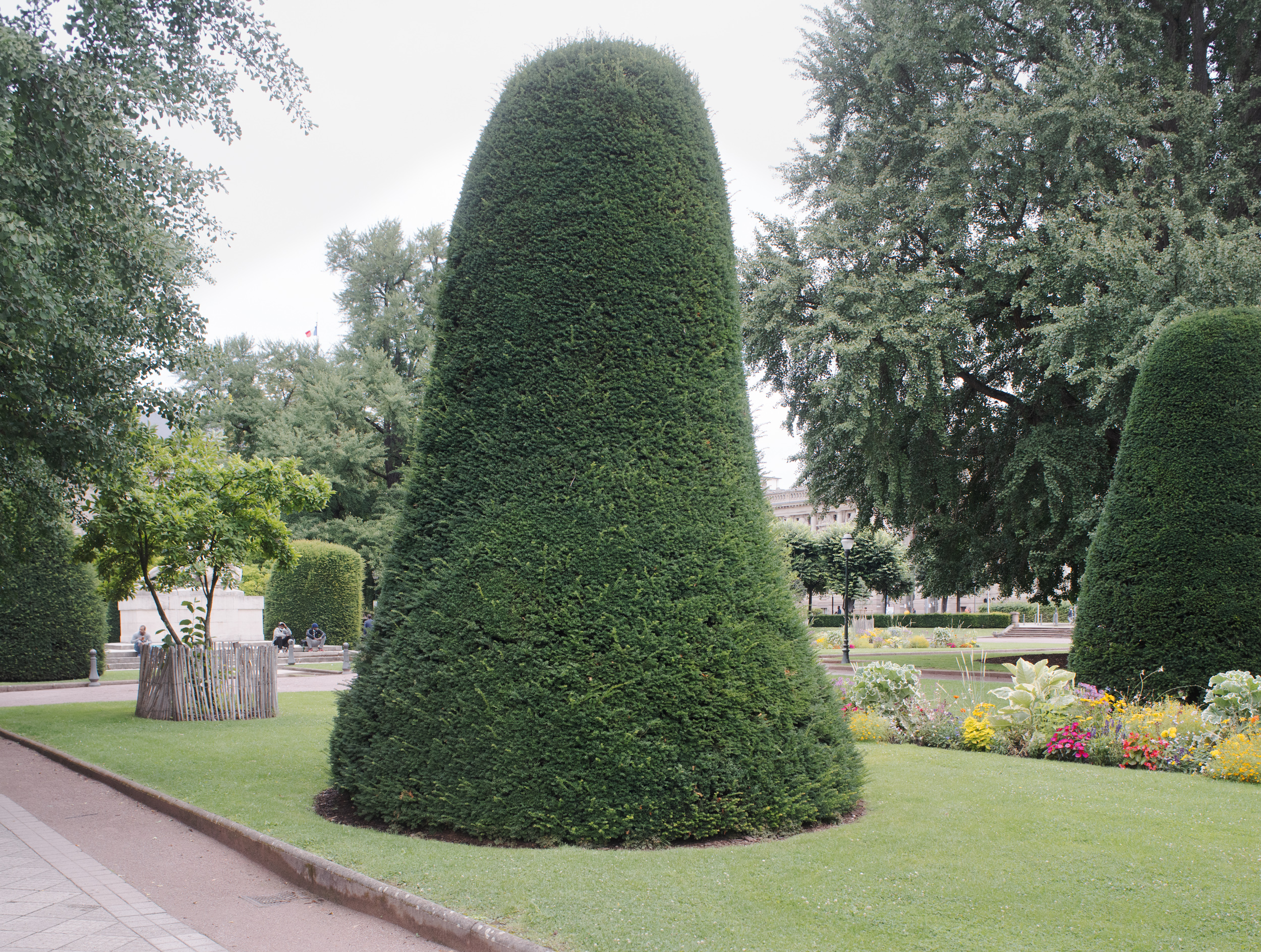 A formal garden landscape featuring a tall, conical evergreen hedge as the central focal point, surrounded by manicured lawn and colorful flower beds. Historic architecture and mature trees are visible in the background, creating a sense of European classical garden design.