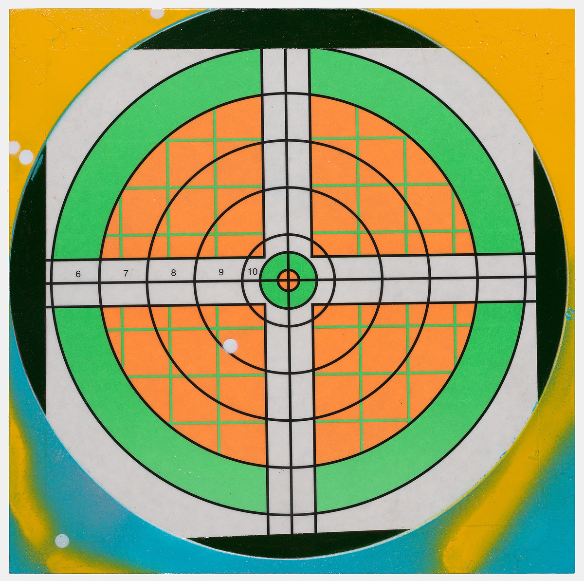 Concentric circles in green, orange, and white radiate from a central crosshair, overlaid with a grid pattern and numbered scale. The geometric composition is set against a vibrant background of yellow, teal, and dark green, creating a target-like or scientific instrument aesthetic.