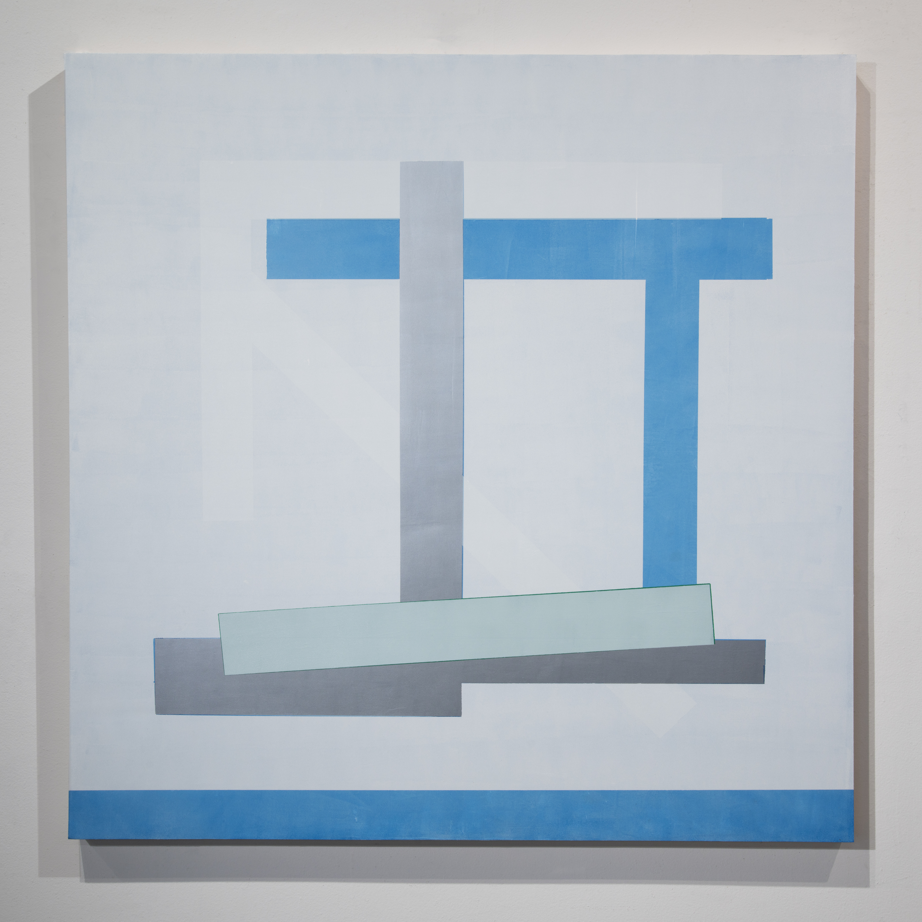 Abstract geometric composition featuring vertical and horizontal blue rectangles intersecting with gray and pale green forms against a white background, creating a balanced arrangement of overlapping planes on a square panel.