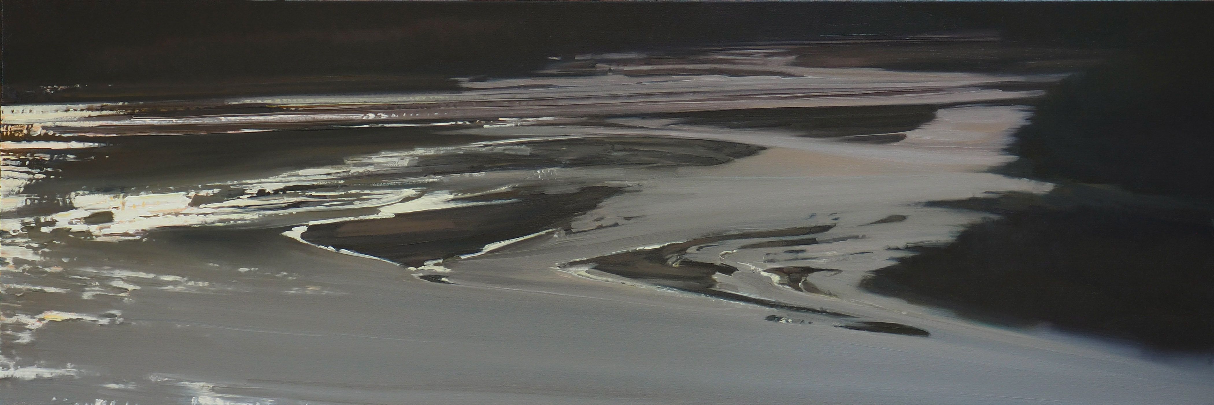 Abstract landscape painting depicting a vast, layered terrain in muted tones of grey, beige, and dark brown. Horizontal brushstrokes create flowing, undulating forms suggesting water, sand, or erosion patterns, with lighter values contrasting against deep shadows to convey depth and atmospheric perspective.
