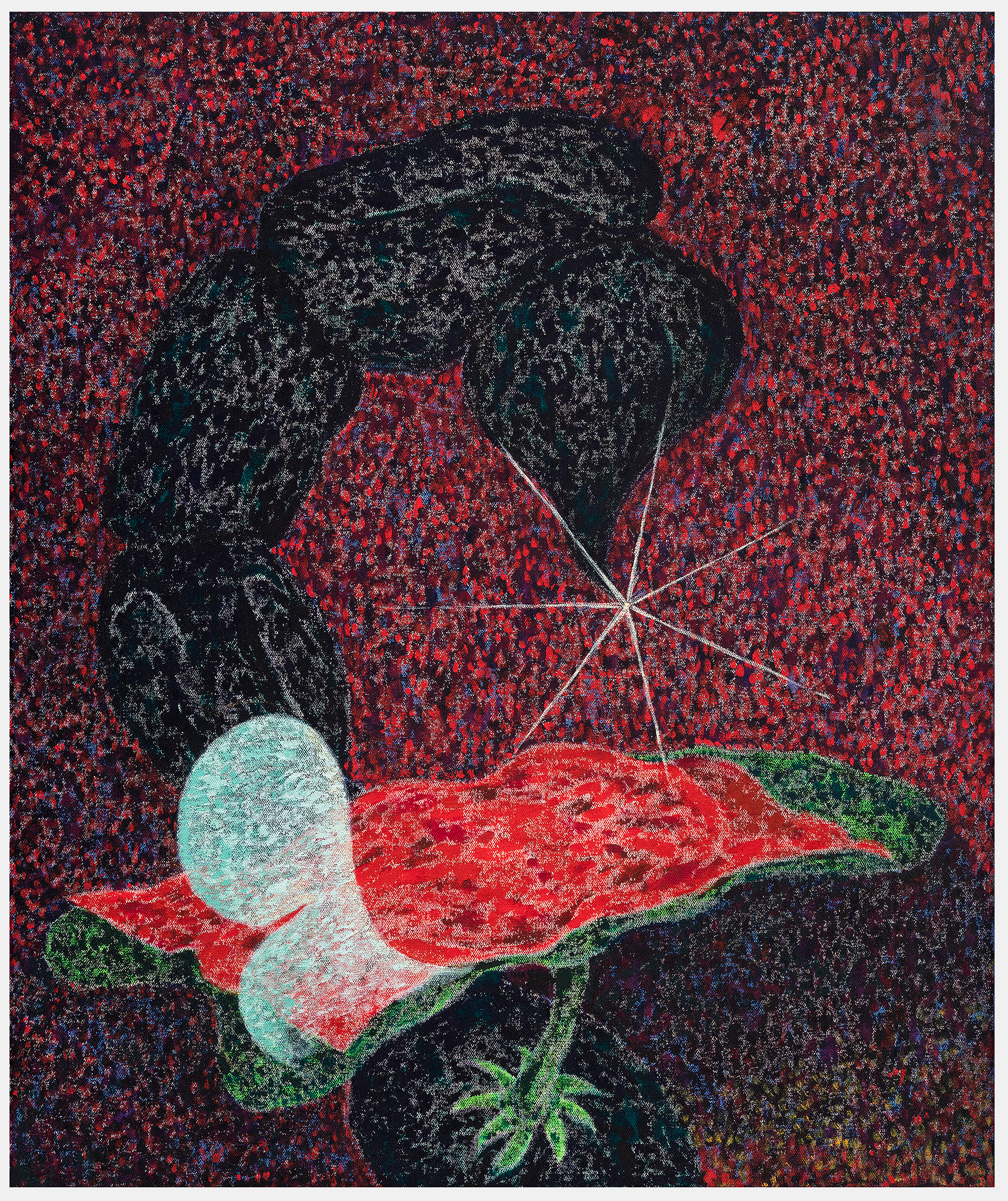 A stylized composition featuring a dark silhouetted figure with outstretched wings looming above a vibrant red flower with pale turquoise petals and green stem and leaves. The background is densely textured with red, blue, and dark tones, while delicate white lines radiate outward from the flower's center, creating a luminous focal point against the dark, atmospheric setting.