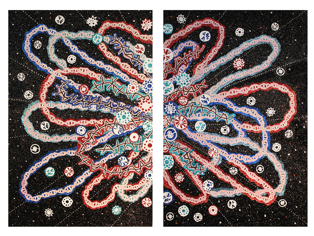 Two vertically oriented panels featuring undulating, organic ribbon-like forms in red, blue, and pink with intricate patterned interiors set against a starry black background scattered with decorative snowflake and geometric motifs in white, teal, and red. The compositions use cut paper, paint, and glitter to create a dynamic, celestial aesthetic with flowing, interconnected shapes.