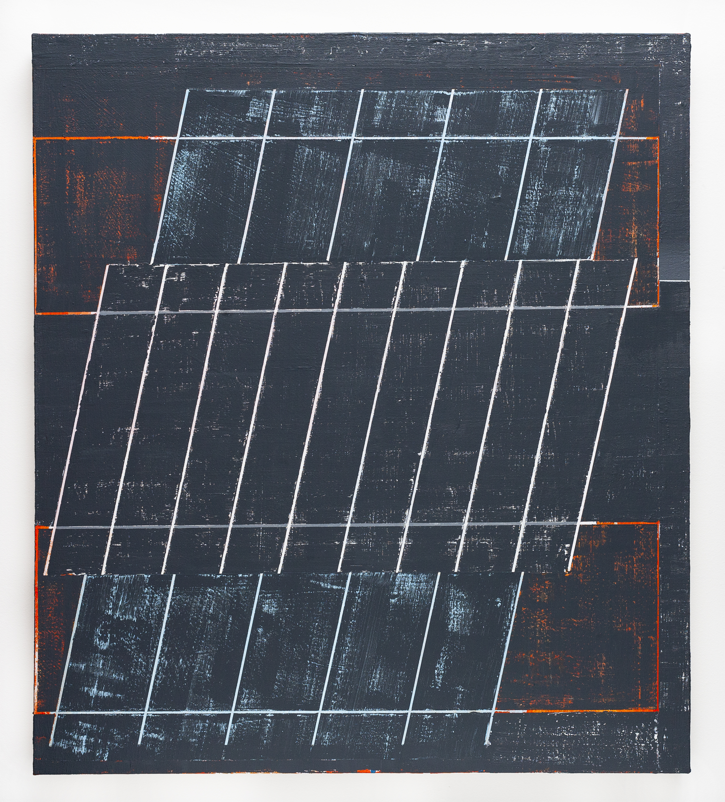 Dark canvas with white linear grid patterns creating a three-dimensional perspective effect, overlaid with an orange rectangular frame. The composition features layered geometric shapes with visible brushwork and a weathered, textured surface.