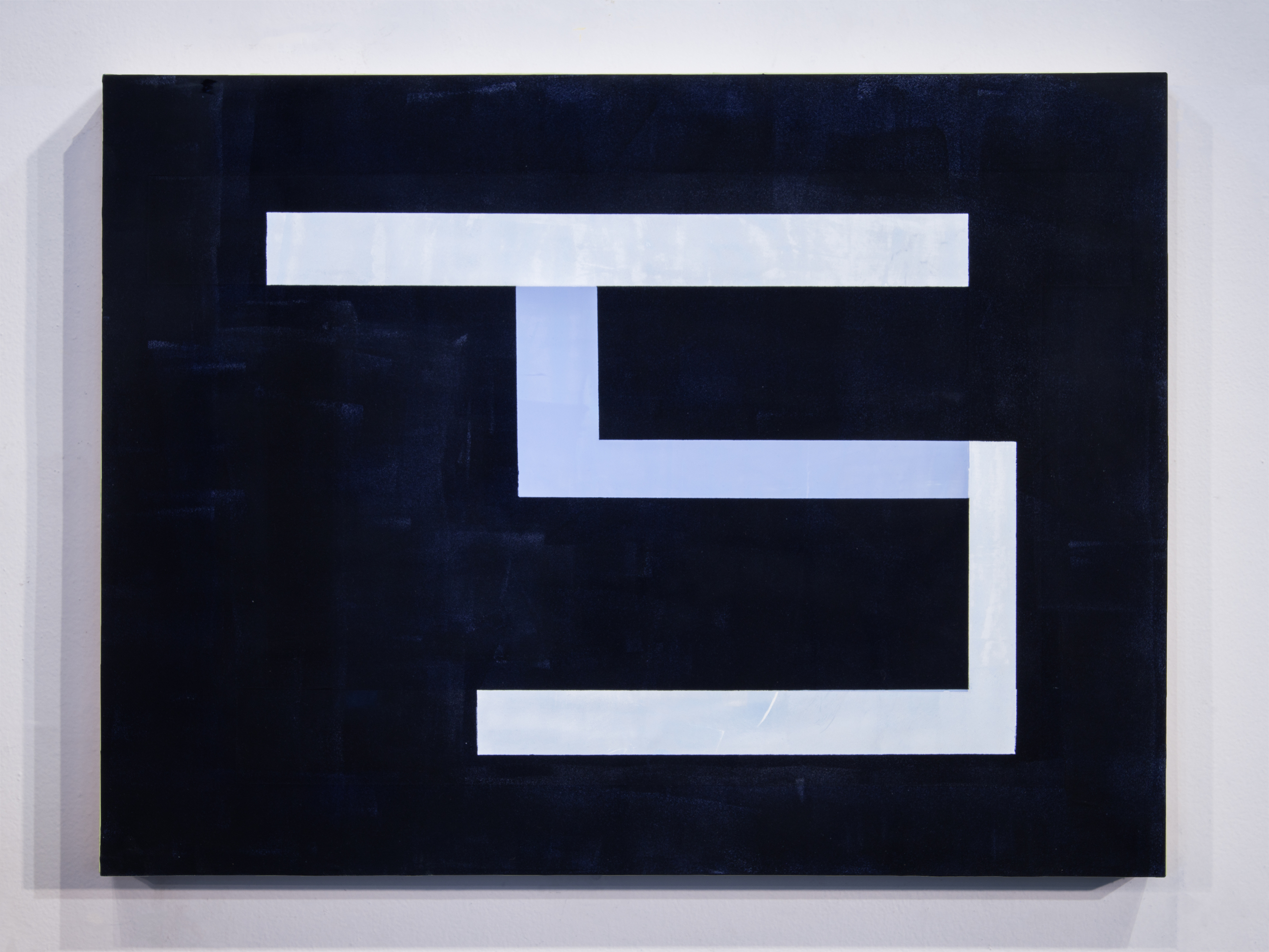 Abstract composition featuring geometric shapes in white and light blue against a dark navy background. Horizontal and vertical rectangular forms create a minimal, linear design on a dark panel.