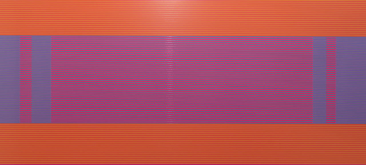 Horizontal composition of vibrant horizontal stripes in red, orange, yellow, and blue, with a central rectangular area featuring layered red and blue bands creating a sense of depth and movement against the warmer striped background.