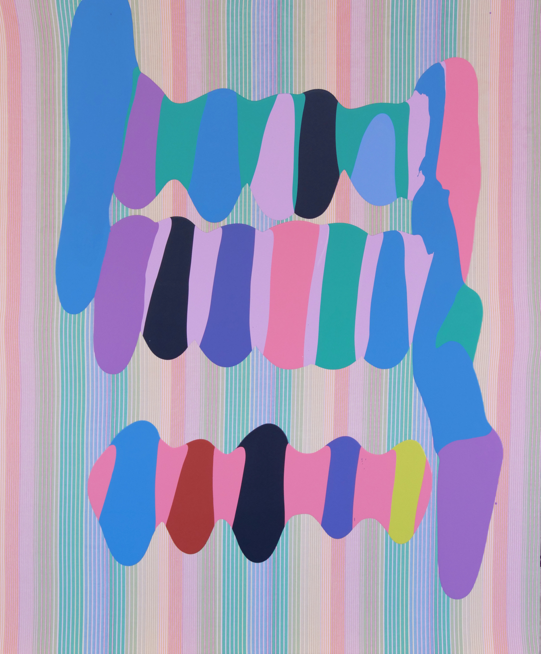 Vibrant abstract composition featuring three horizontal rows of undulating, organic shapes in contrasting colors including blue, pink, purple, teal, and black, layered over a delicate striped background in pastel tones.