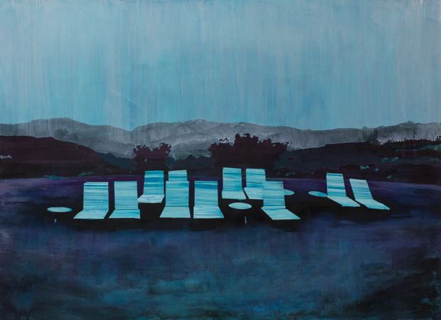 A moody landscape painting dominated by cool blue and teal tones depicts a row of glowing cyan rectangular forms arranged along a dark water's edge, with silhouetted hills and bare trees against a stormy sky beyond.