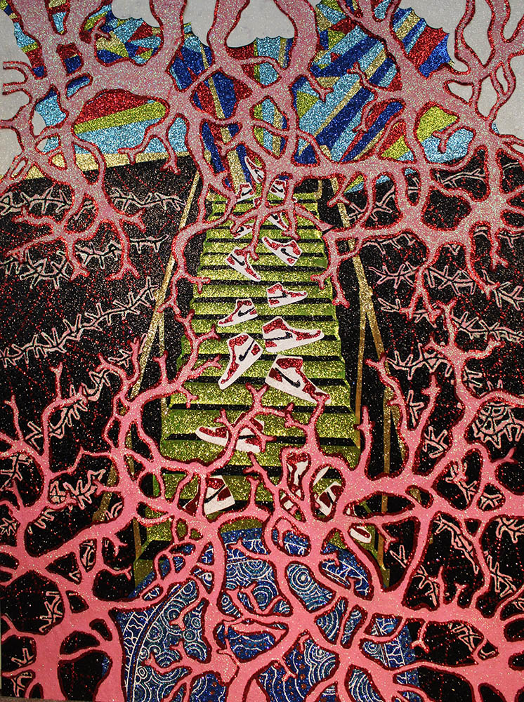 A vibrant mixed-media composition featuring a central vertical pathway rendered in lime green with red accents, flanked by symmetrical organic forms in deep pink outlined with intricate white linework. The upper portion displays colorful geometric patchwork in blue, yellow, and red against a neutral ground, while the lower section incorporates dark glittering surfaces and blue patterned elements, creating a sense of depth and movement through contrasting textures and materials.