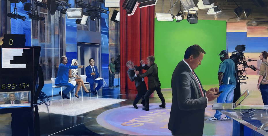 A vibrant studio or broadcast set scene dominated by primary colors—bright blue, red, and green panels form the backdrop. Multiple figures in business attire and casual clothing populate the space, with camera equipment and lighting rigs visible overhead, creating a theatrical atmosphere of controlled chaos and performance.