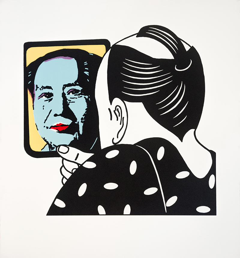 A figure with dark hair viewed from behind holds up a portrait featuring a face with light blue skin and red lips against a yellow background. The figure wears a black garment with white polka dots. Bold black lines define the composition in a pop art style with limited color palette of black, white, yellow, cyan, and red.