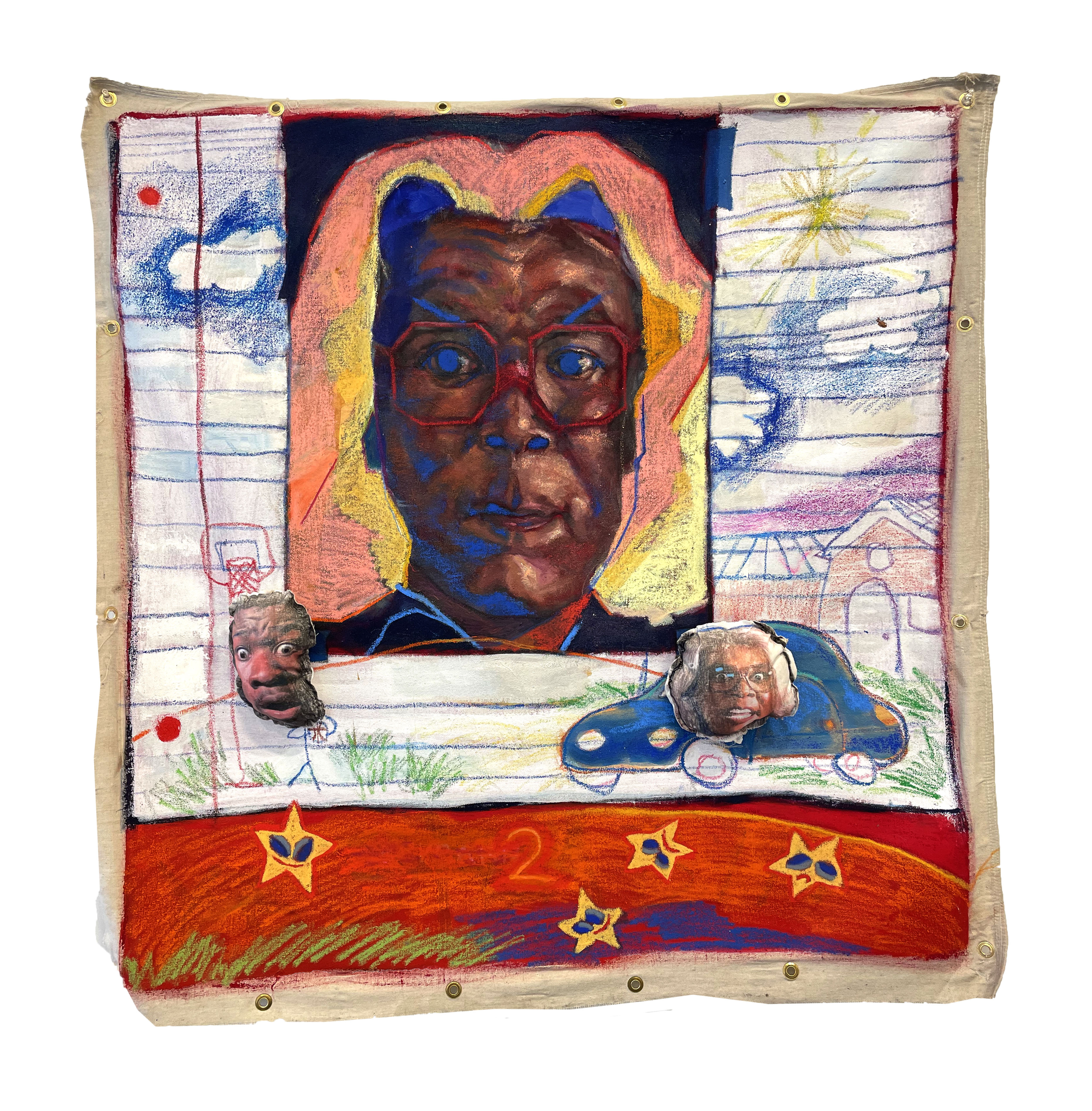 A mixed-media canvas features a bold portrait of a face with deep brown tones and striking blue eyes, surrounded by a coral-pink and yellow halo. The composition combines gestural drawings and sketches on lined paper in the background, with two three-dimensional sculptural heads integrated into the lower sections. A vibrant red-orange band at the bottom displays gold stars and green marks. The work employs rich colors including deep blues, reds, and yellows across oil, shellac, and pastel materials on cotton canvas.
