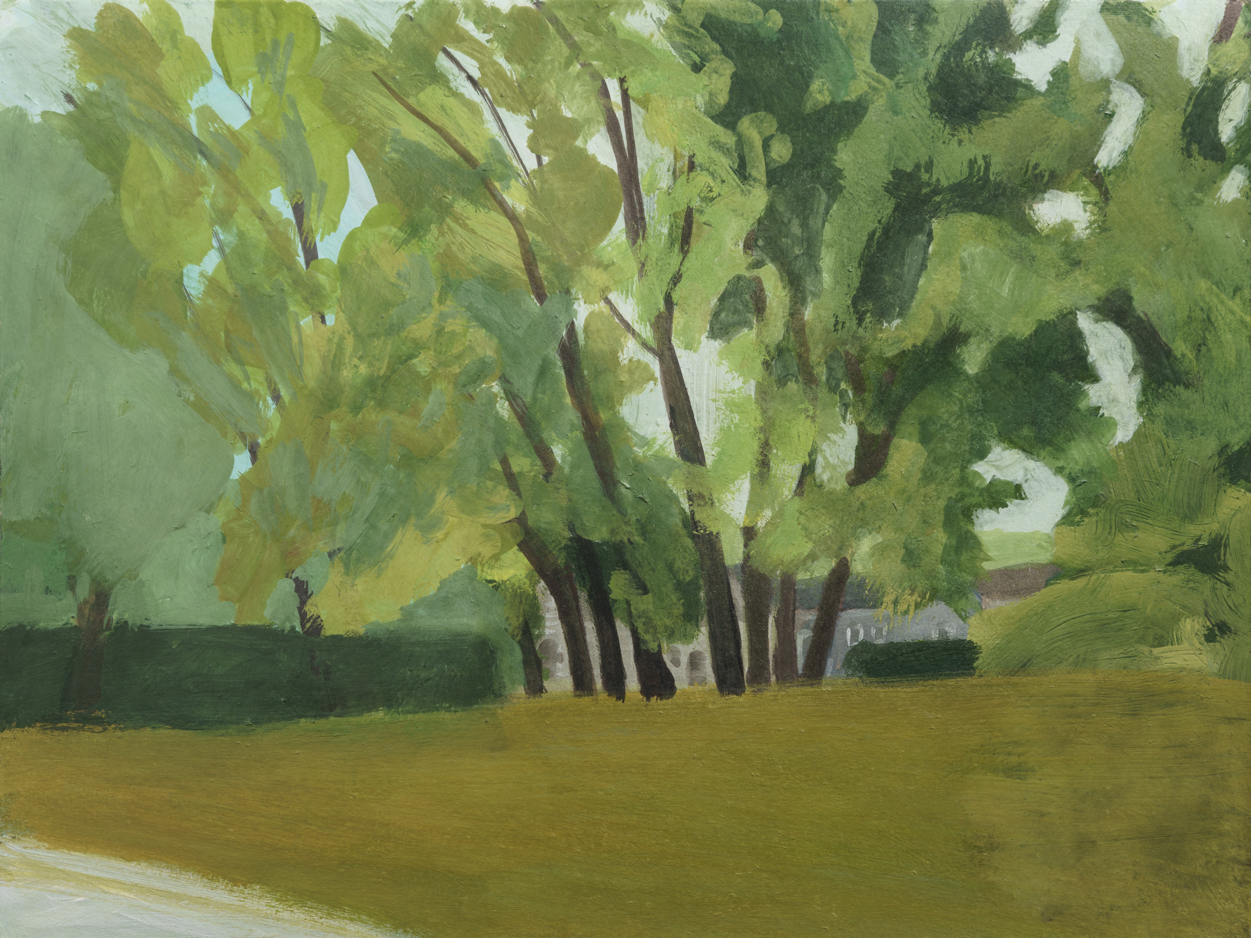 A landscape painting depicting tall trees with luminous green foliage and dark brown trunks standing in a sunlit clearing. A grassy meadow in warm golden-green tones occupies the foreground, while a distant building is visible on the right horizon beneath a pale blue-green sky. The composition uses soft, gestural brushwork to convey dappled light filtering through the canopy.