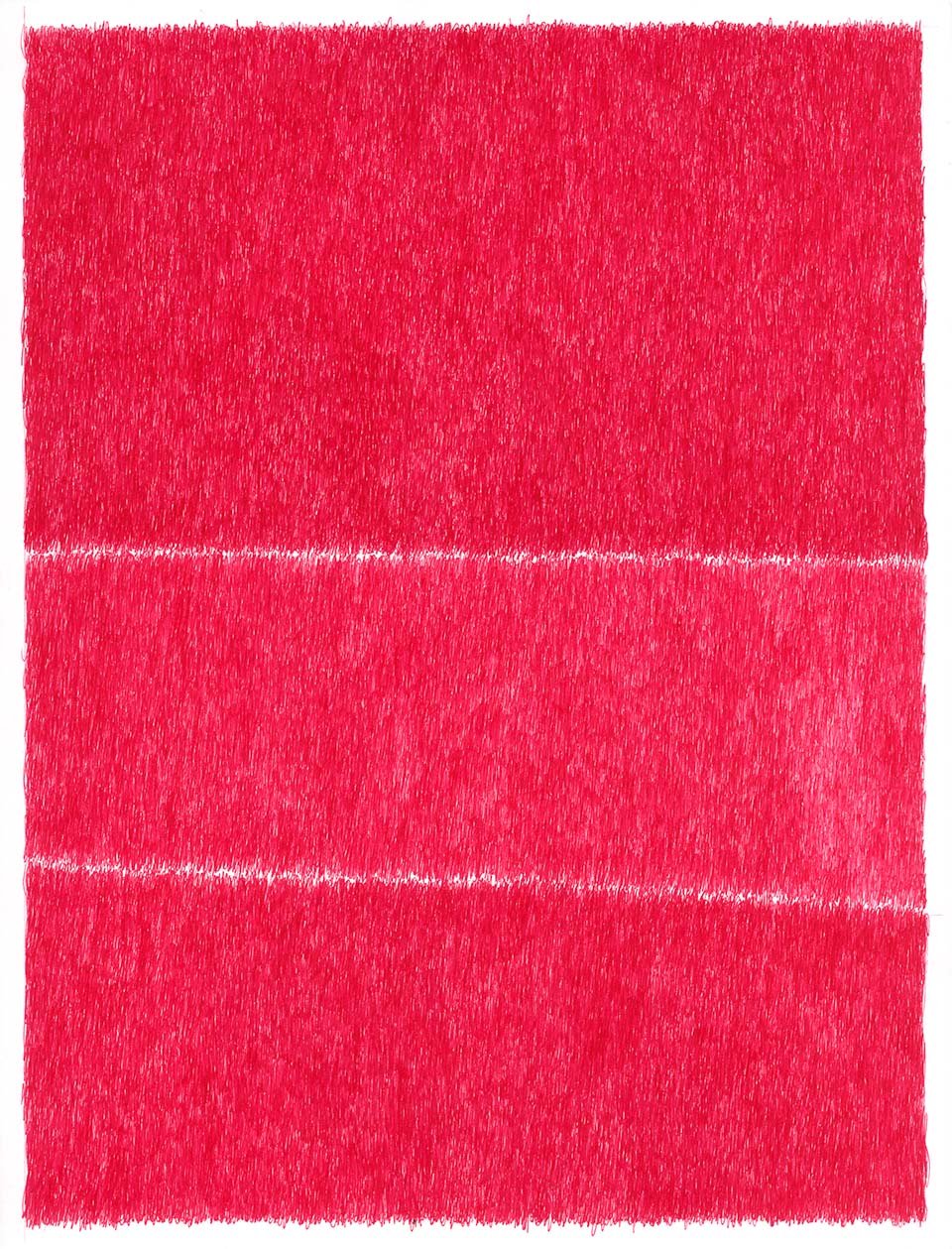 A vibrant red textured surface divided horizontally by two thin white lines, creating three distinct sections. The composition fills the entire frame with dense, brushed marks in varying shades of red and pink, creating a sense of movement and depth across the work.
