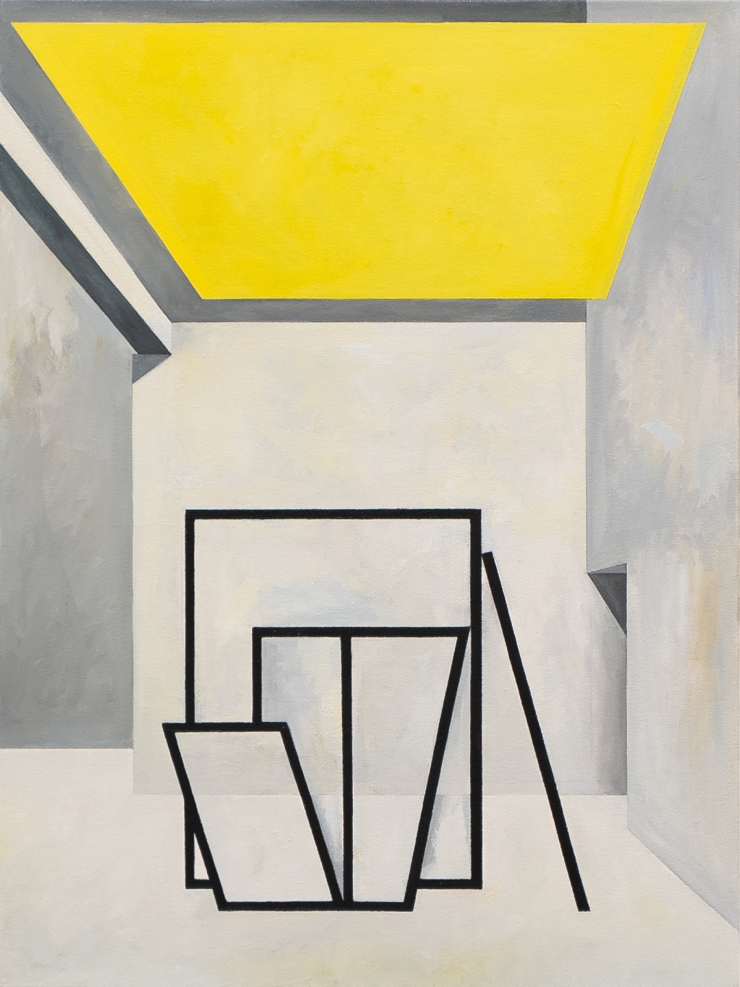 Abstract composition featuring a bright yellow trapezoid suspended above a cream-colored interior space, with geometric black line drawings of overlapping rectangular forms in the lower portion. Gray architectural elements frame the composition on the sides and upper left, creating a sense of depth and spatial ambiguity.