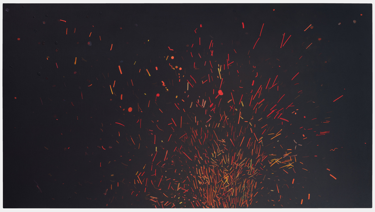 Abstract composition on dark ground featuring dynamic red and orange brushstrokes and marks radiating outward from a dense, energetic center, creating a sense of explosive movement and light against the black background.