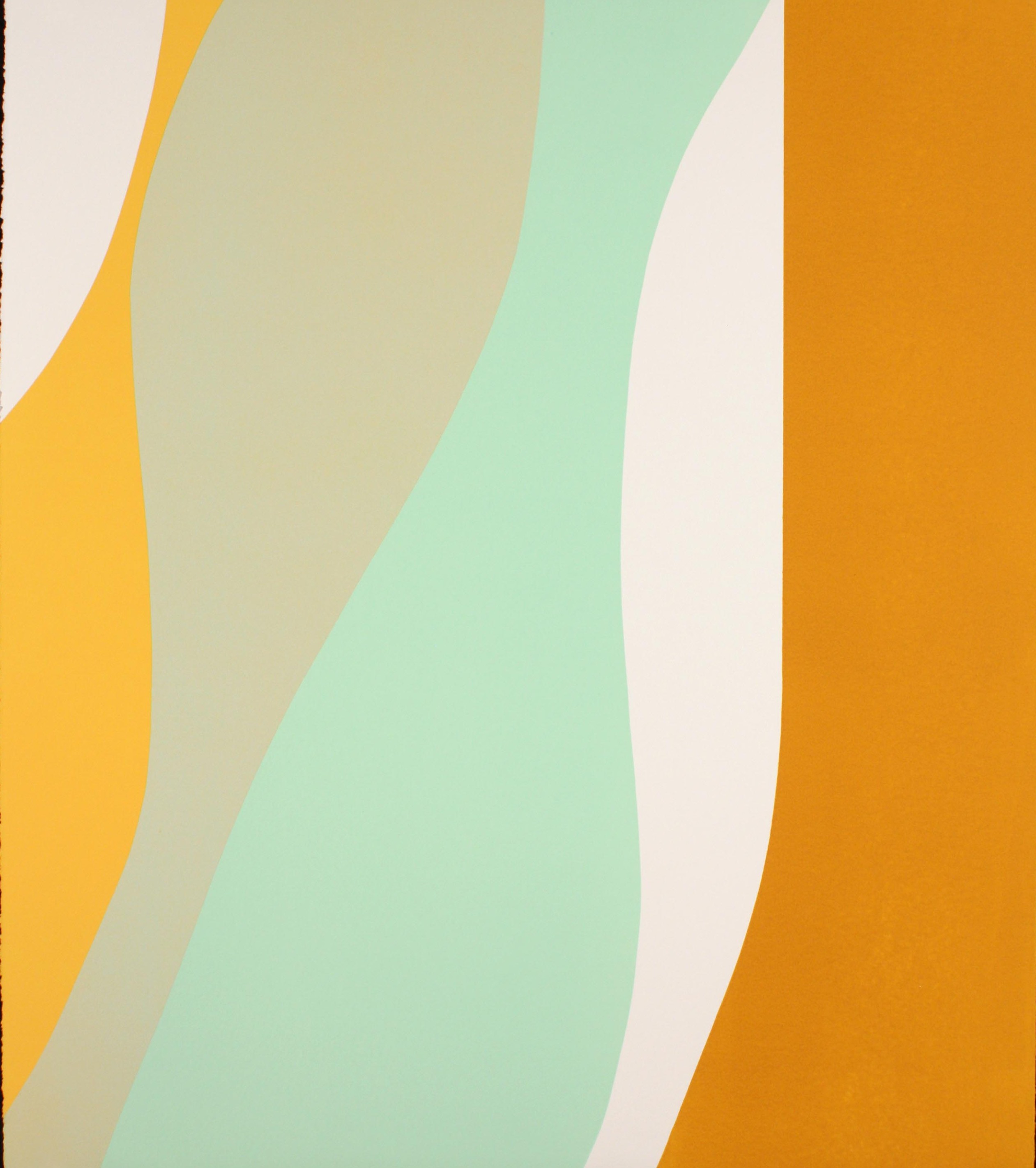 Abstract composition featuring bold, curved vertical bands in yellow, sage green, mint green, cream, and orange that flow across the canvas with organic, wave-like movements. The soft, matte finish and layered color blocking create a rhythmic, modernist design with a sense of gentle motion.