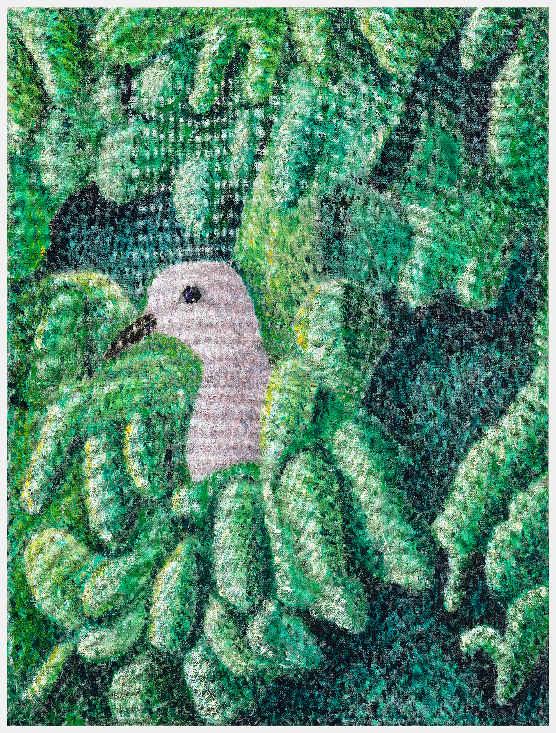 A pale gray bird with a dark eye and beak peers through dense, layered green foliage rendered in varied shades of emerald, lime, and teal. The composition emphasizes the contrast between the bird's soft, muted form and the richly textured, abstracted vegetation surrounding it.